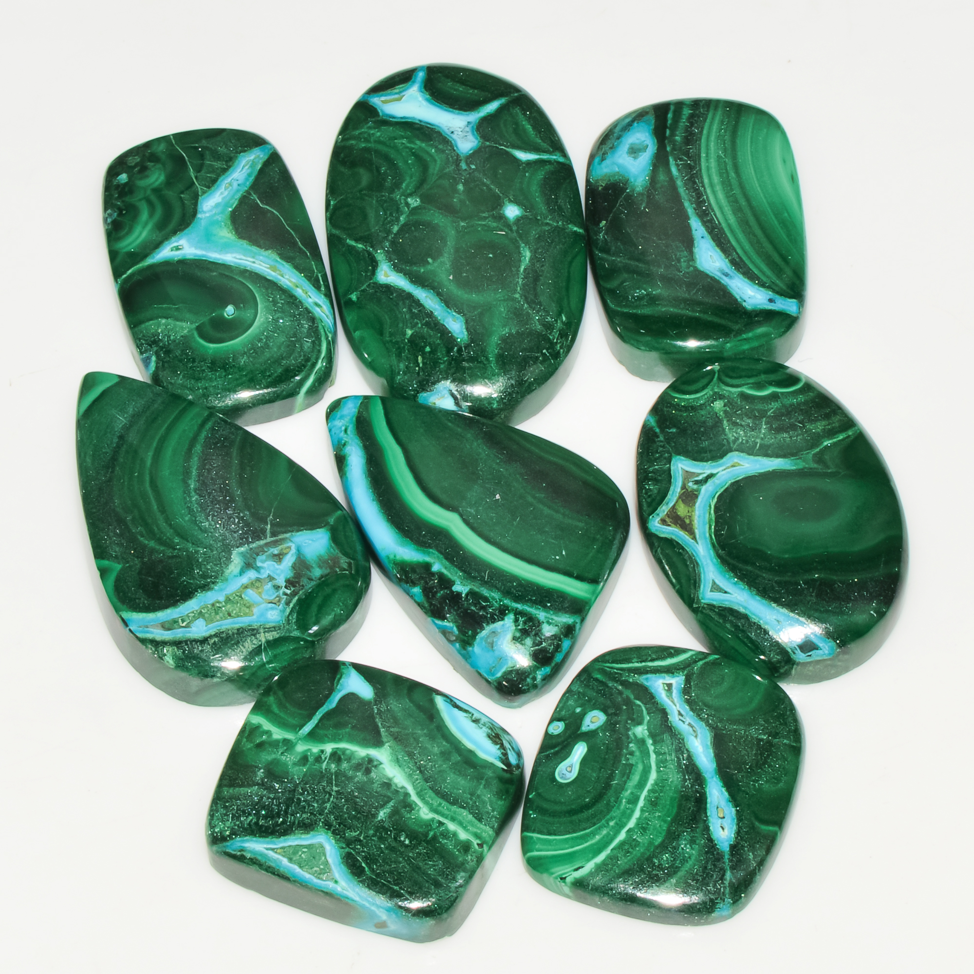 8Pcs 250Cts Natural Green Malachite Loose Cabochon Jewelry Making Gemstone Lot 30x16 18x15mm 18025