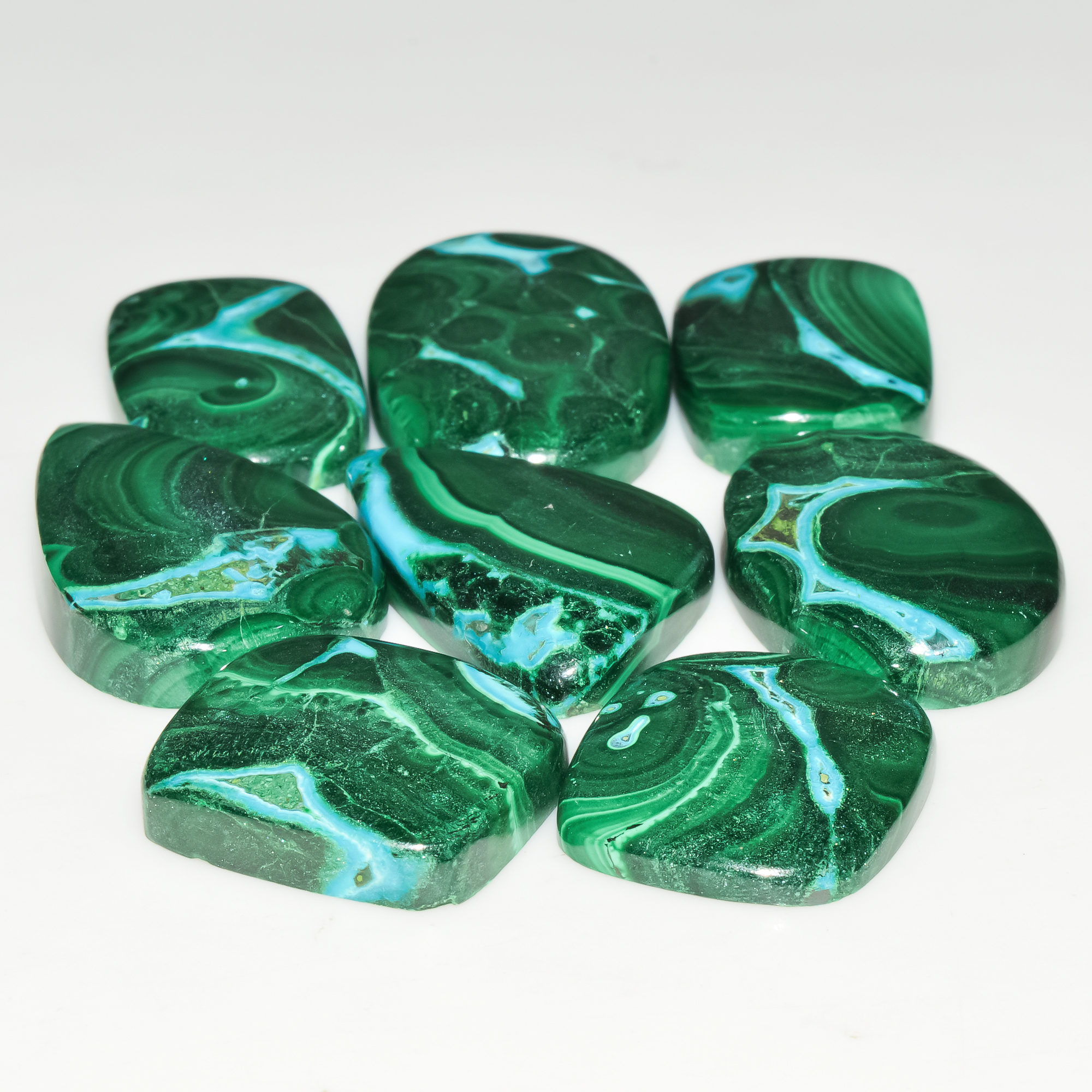 8Pcs 250Cts Natural Green Malachite Loose Cabochon Jewelry Making Gemstone Lot 30x16 18x15mm 18025