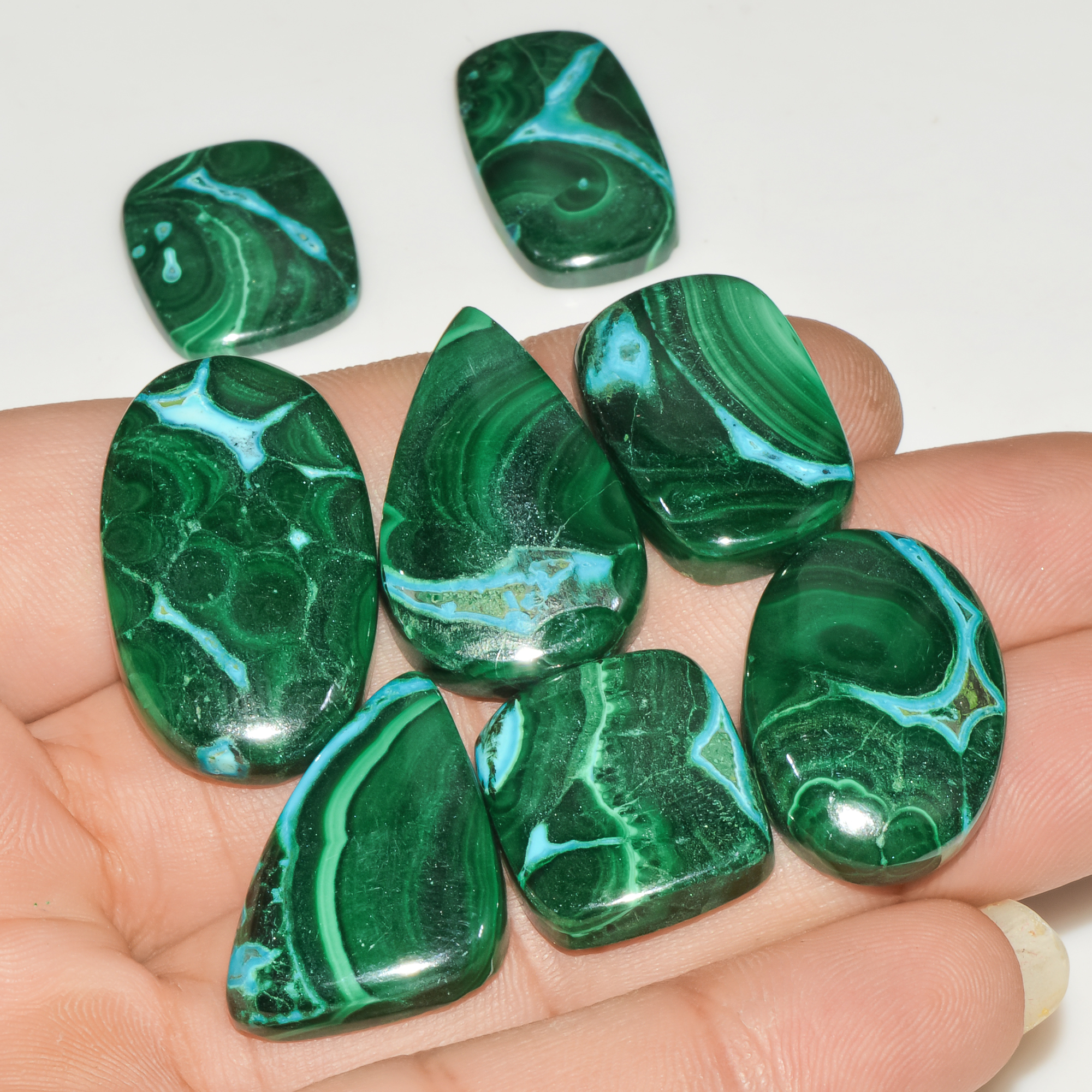 8Pcs 250Cts Natural Green Malachite Loose Cabochon Jewelry Making Gemstone Lot 30x16 18x15mm 18025