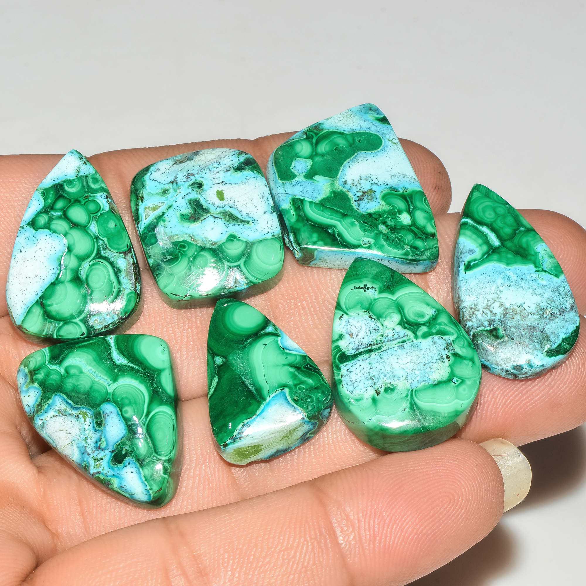 7Pcs 176Cts Natural Malachite Loose Gemstone Cabochon Lot Silver Jewelry Supplies 25x17 20x15mm 18026