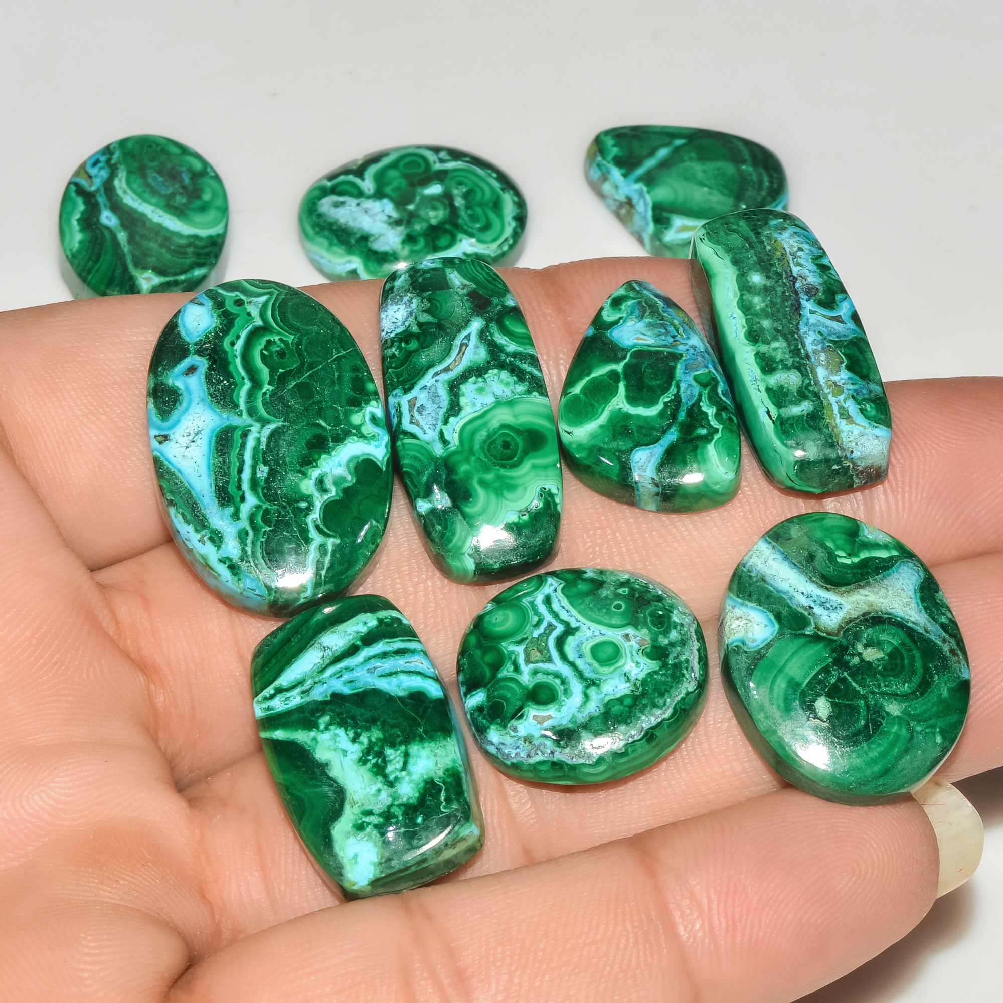 10Pcs 253Cts Natural Malachite Loose Gemstone Cabochon Lot Silver Jewelry Supplies 27x17 19x19mm 18027