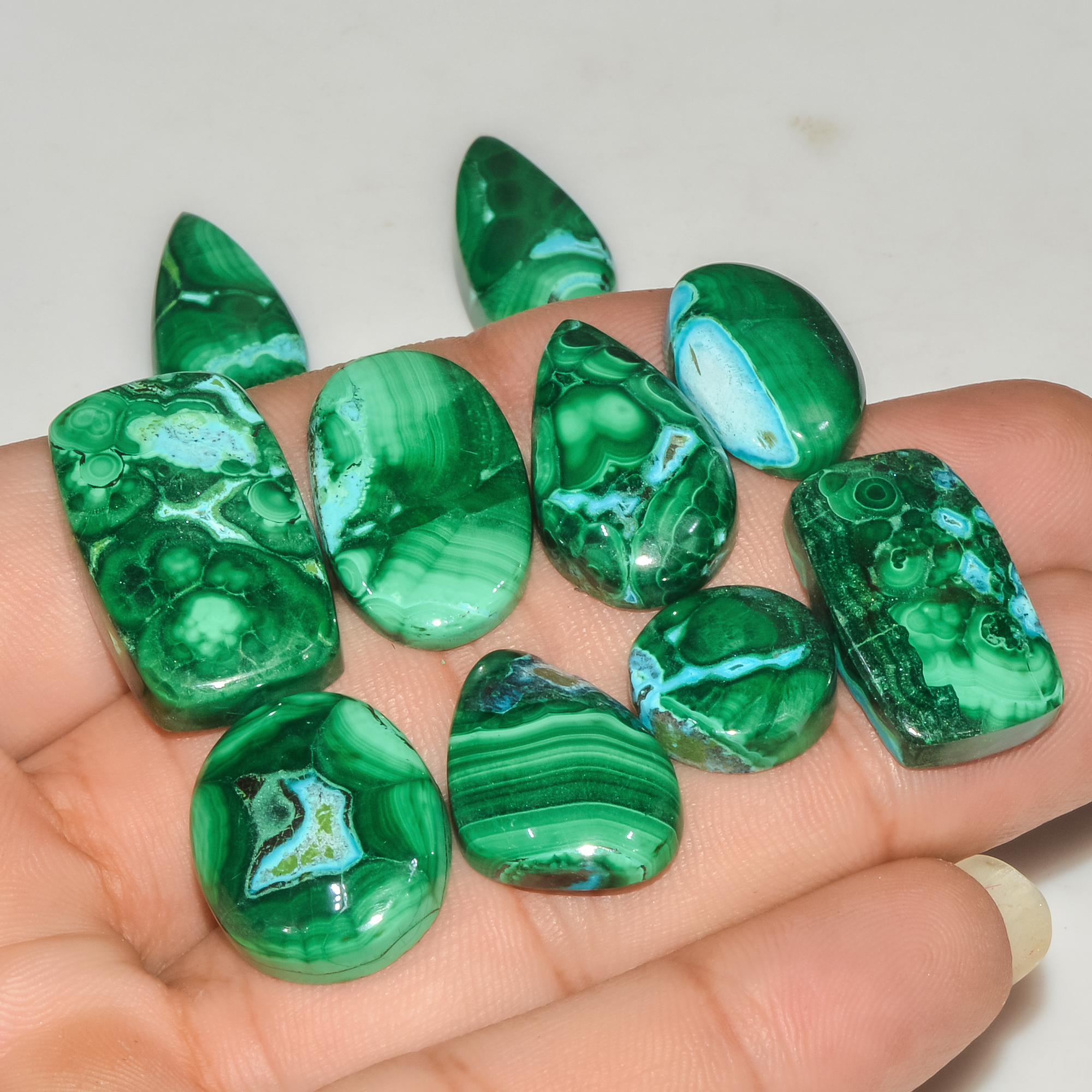 10Pcs 209Cts Natural Malachite Loose Gemstone Cabochon Lot Silver Jewelry Supplies 25x15 13x13mm 18028