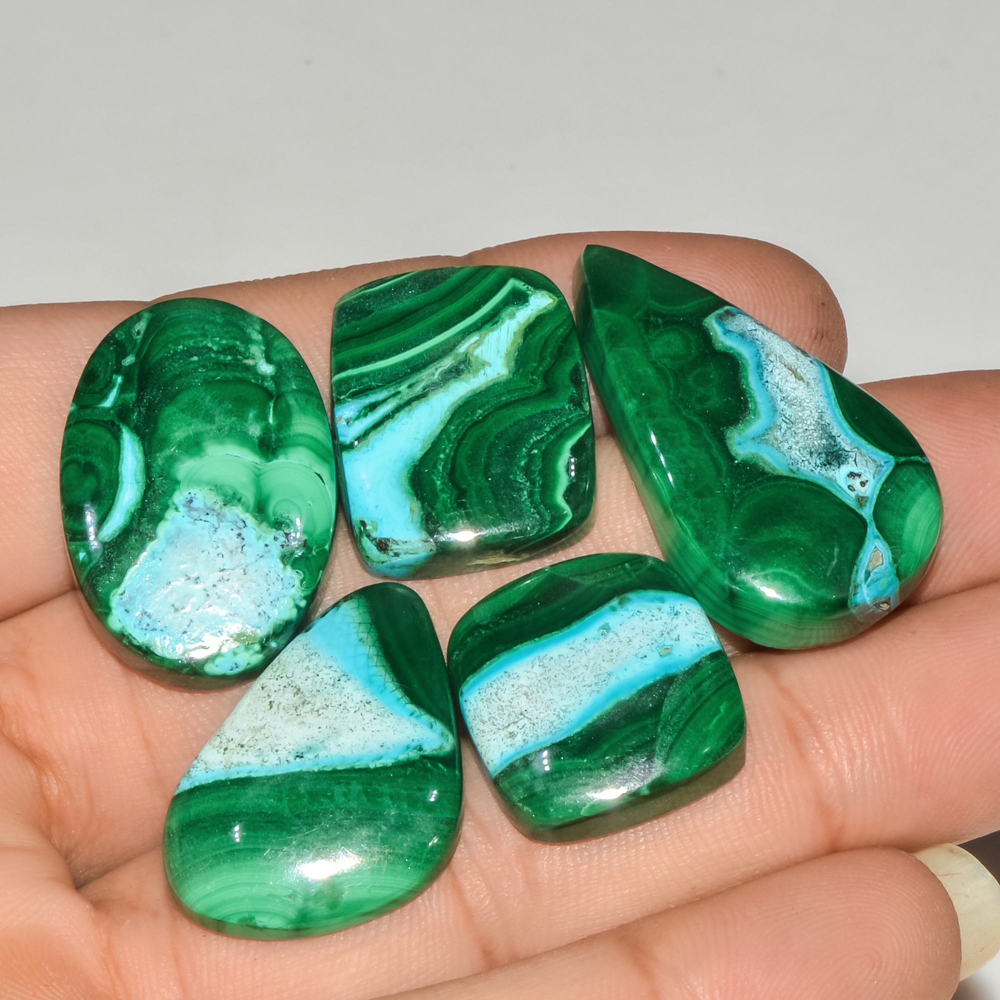 5Pcs 169Cts Natural Malachite Loose Gemstone Cabochon Lot Silver Jewelry Supplies 32x18 18x17mm 18029