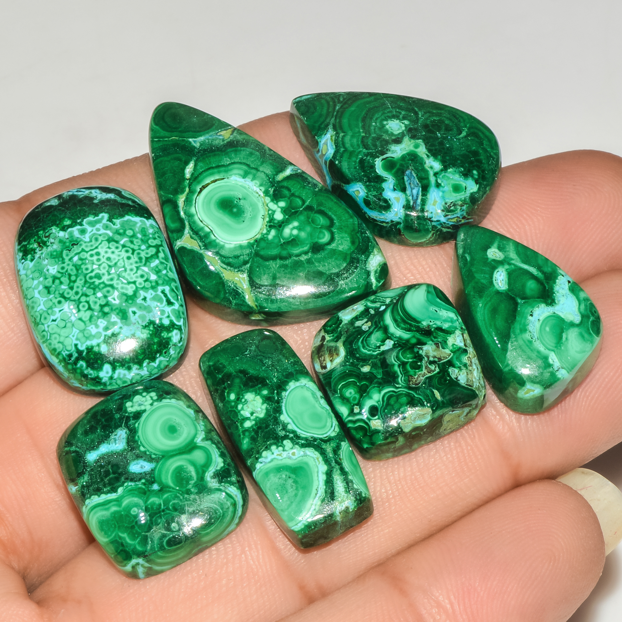 7Pcs 184Cts Natural Malachite Loose Gemstone Cabochon Lot Silver Jewelry Supplies 31x15 15x15mm 18030