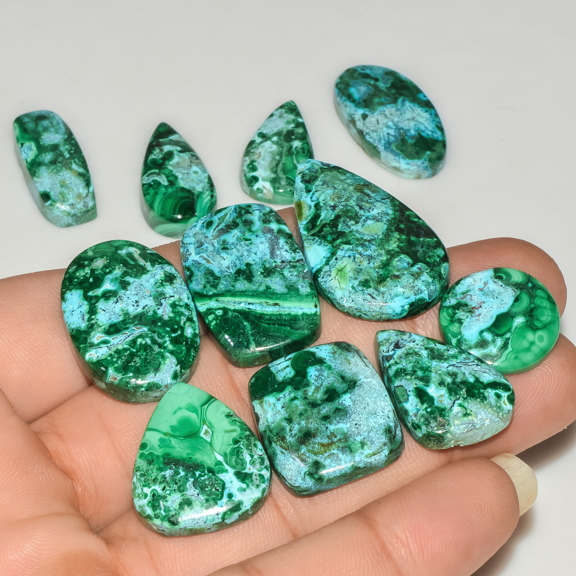 11Pcs 223Cts Natural Malachite Loose Gemstone Cabochon Lot Silver Jewelry Supplies 33x20 15x15mm 18032