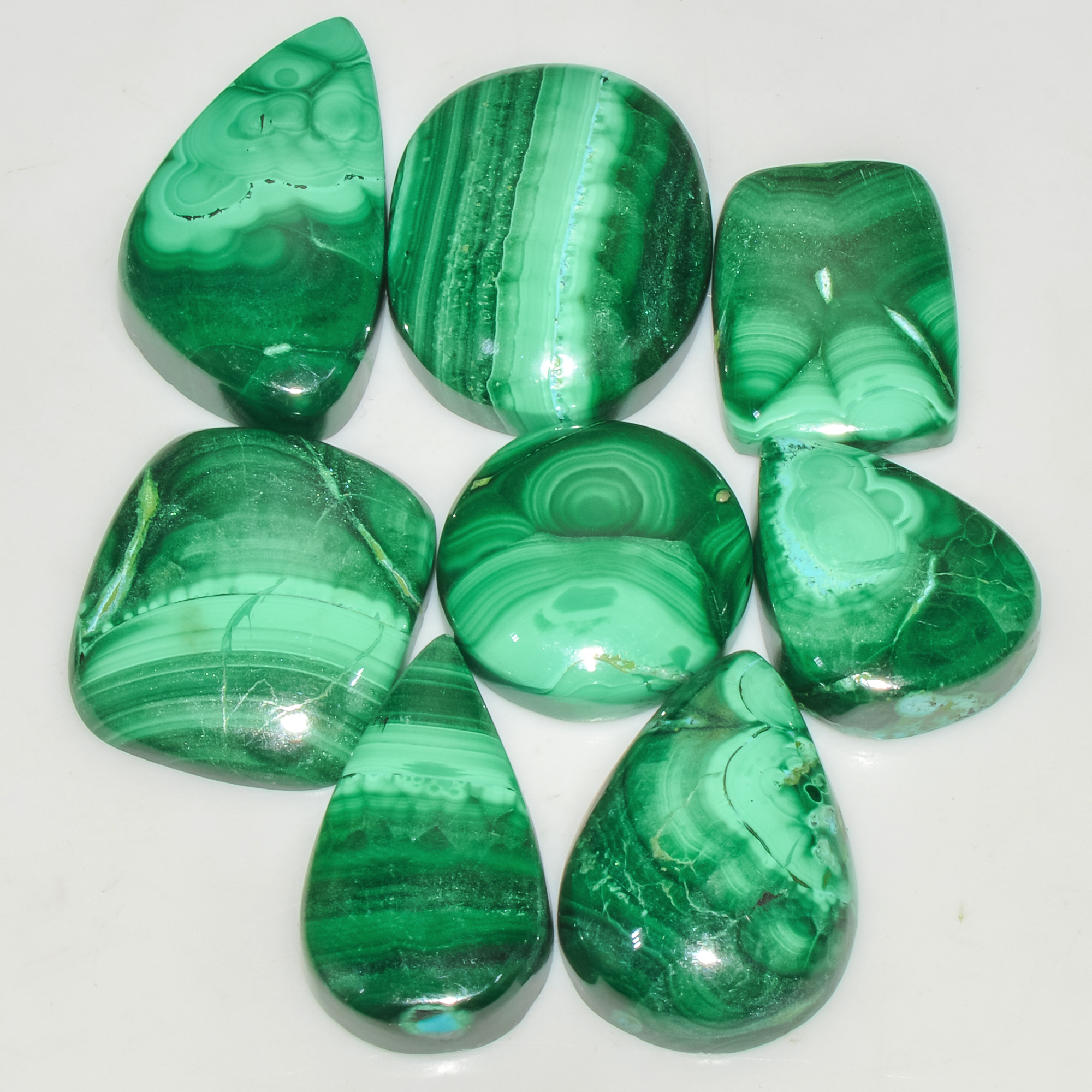 8Pcs 222Cts Natural Malachite Loose Gemstone Cabochon Lot Silver Jewelry Supplies 29x15 18x18mm 18033
