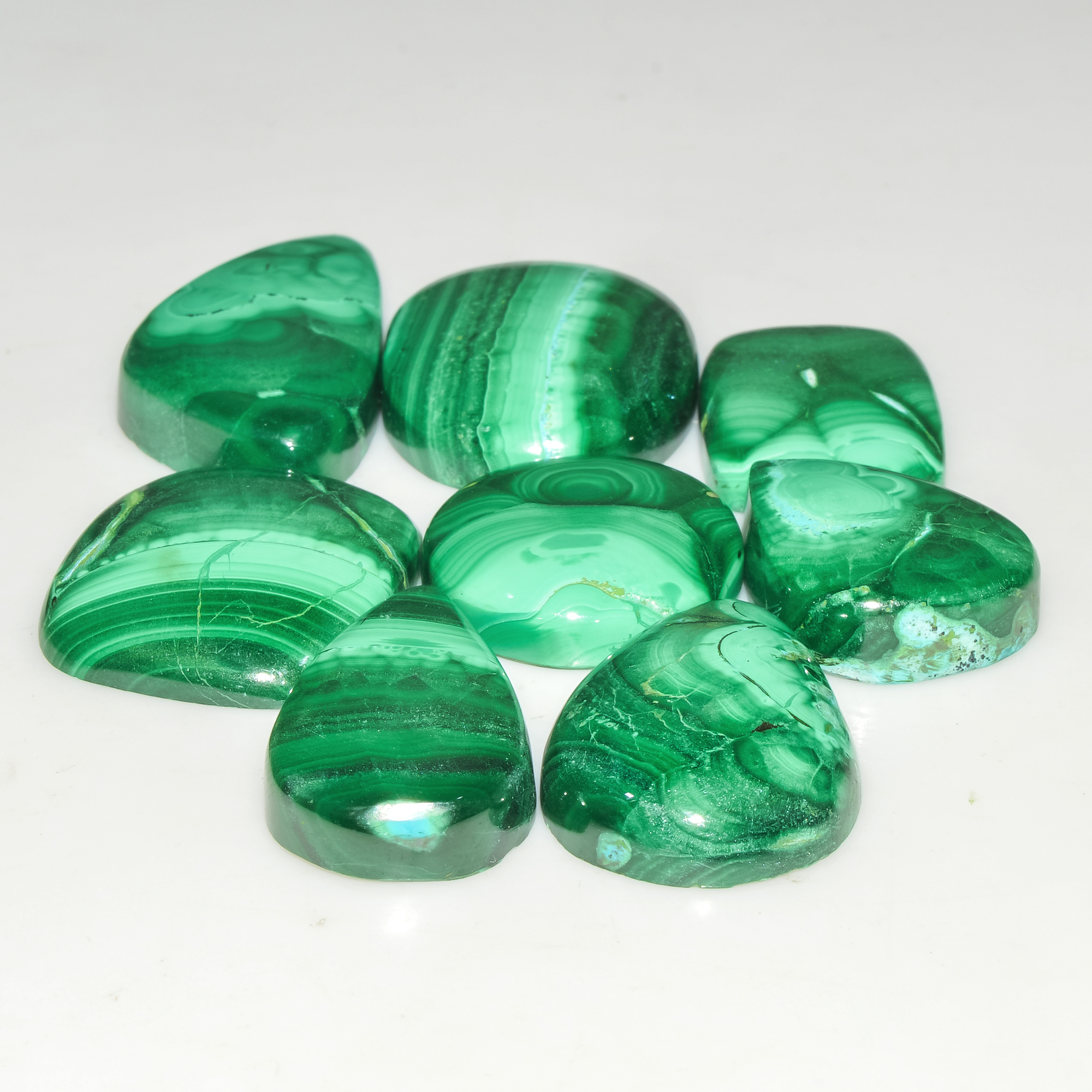 8Pcs 222Cts Natural Malachite Loose Gemstone Cabochon Lot Silver Jewelry Supplies 29x15 18x18mm 18033