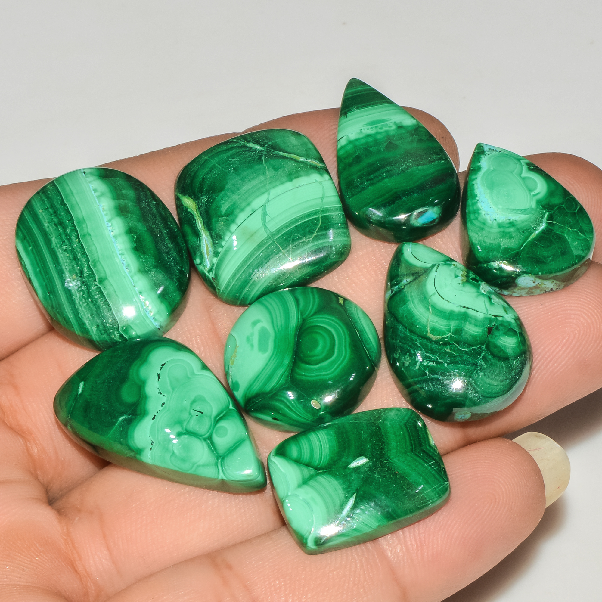 8Pcs 222Cts Natural Malachite Loose Gemstone Cabochon Lot Silver Jewelry Supplies 29x15 18x18mm 18033