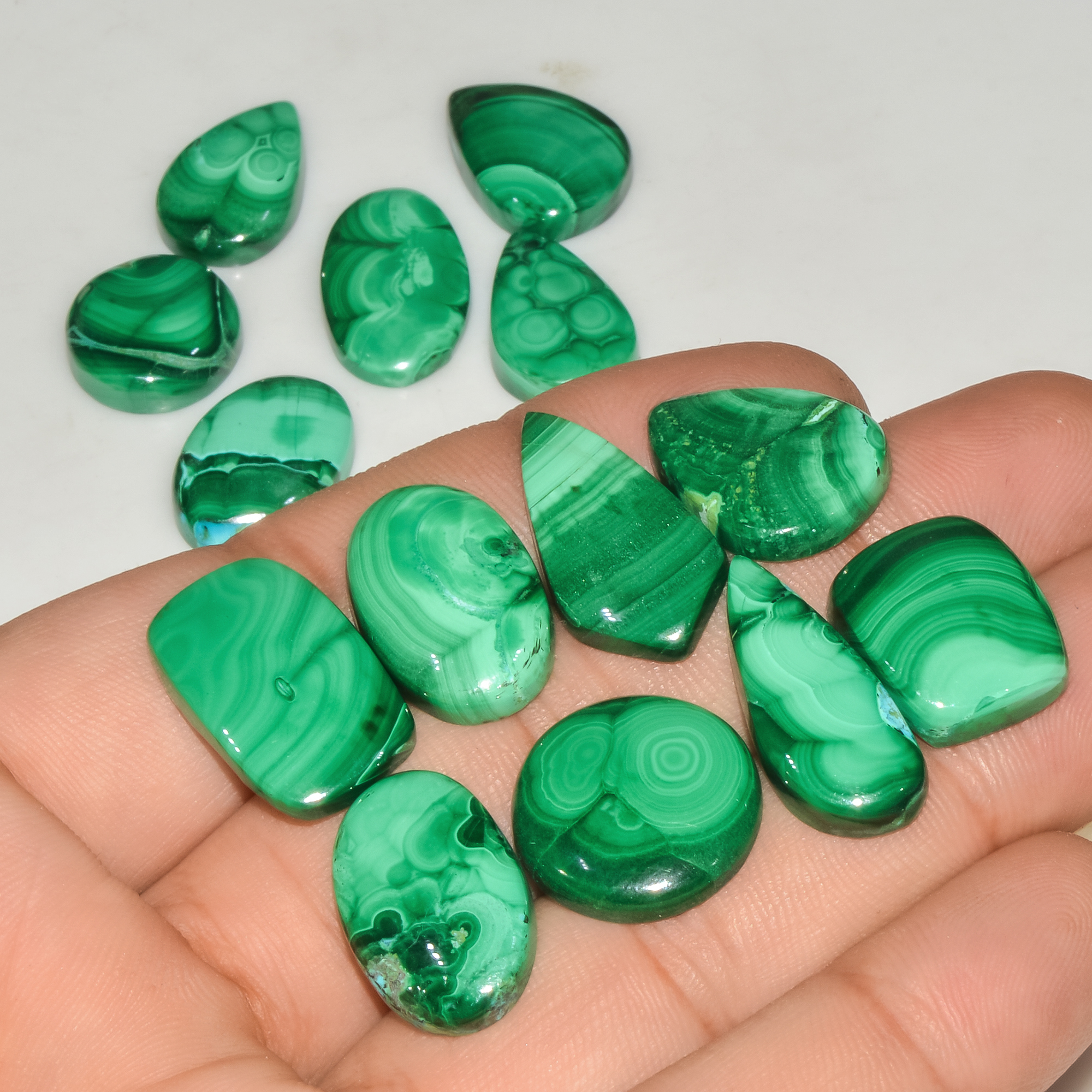 14Pcs 186Cts Natural Malachite Loose Gemstone Cabochon Lot Silver Jewelry Supplies 23x10 14x14mm 18034