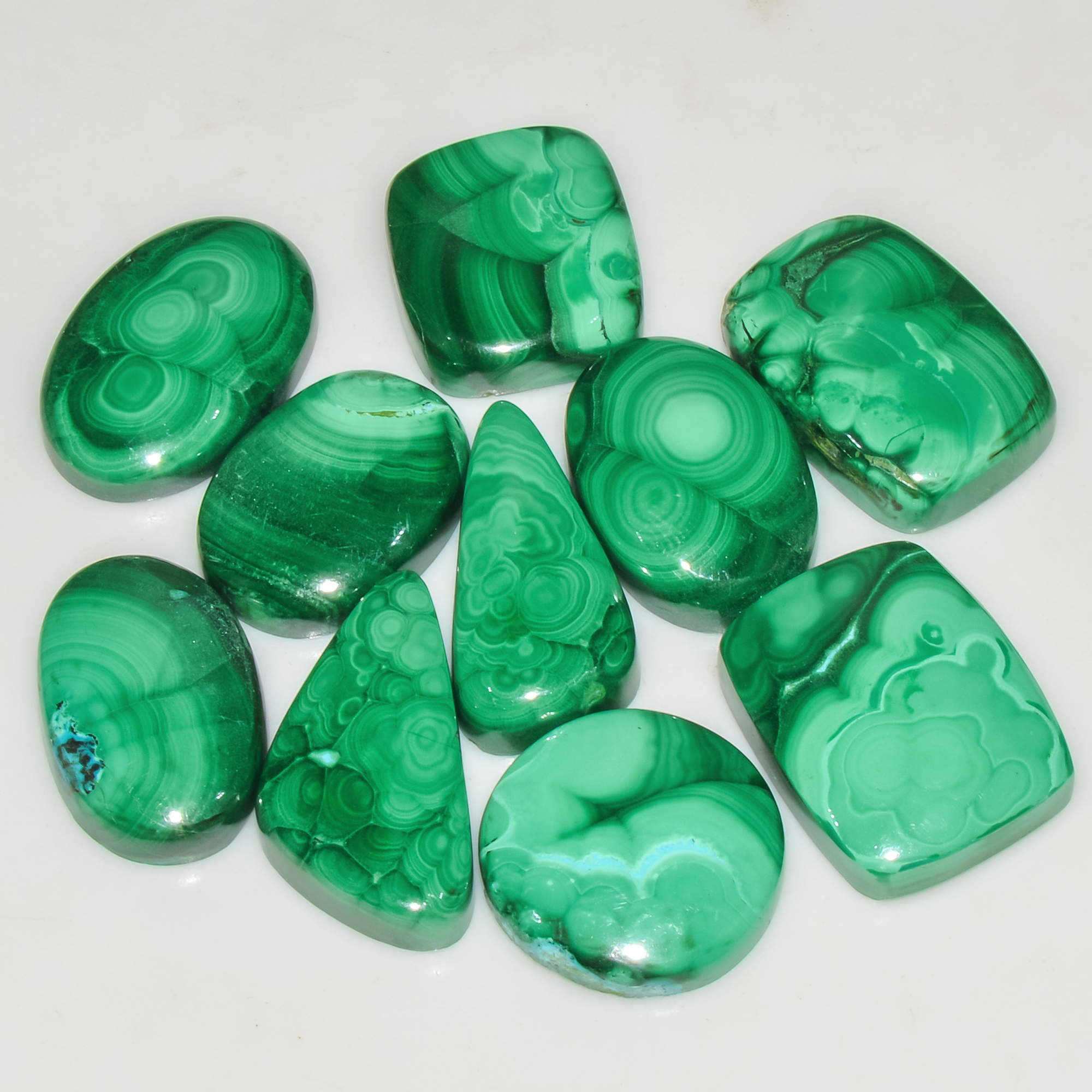 10Pcs 223Cts Natural Malachite Loose Gemstone Cabochon Lot Silver Jewelry Supplies 23x11 15x14mm 18036