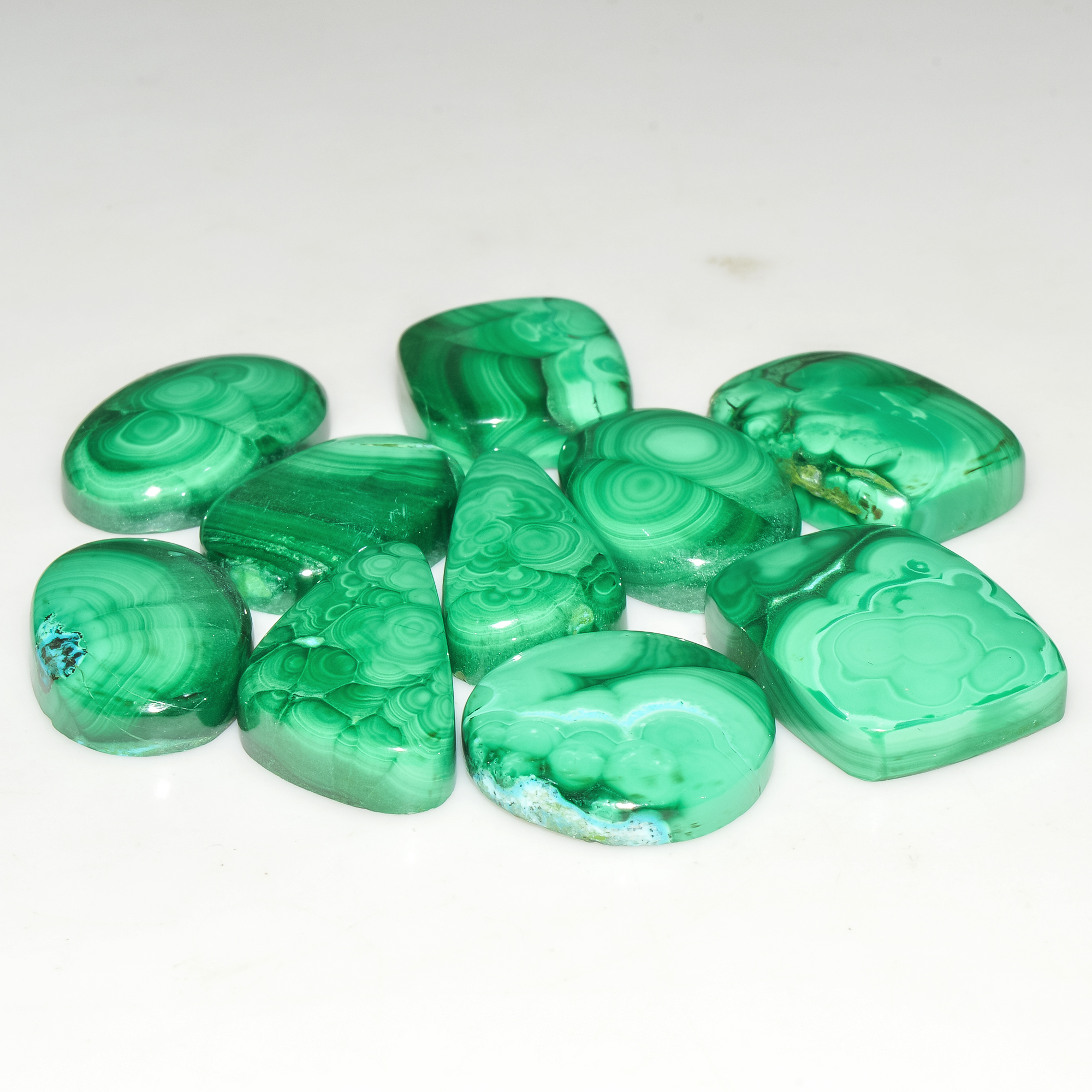 10Pcs 223Cts Natural Malachite Loose Gemstone Cabochon Lot Silver Jewelry Supplies 23x11 15x14mm 18036