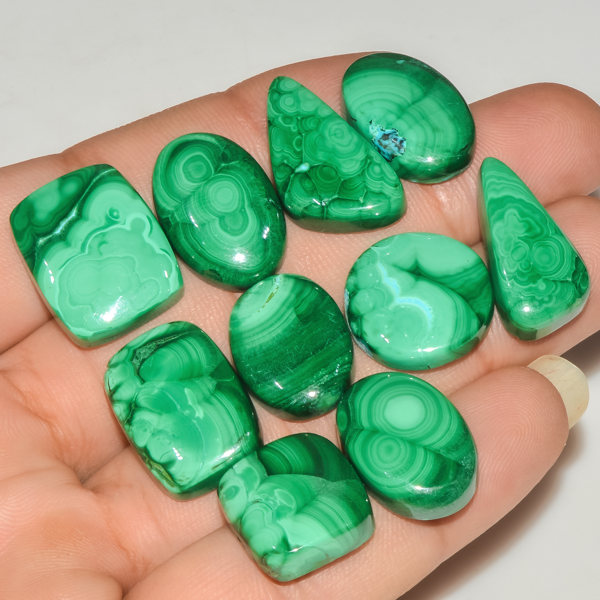 10Pcs 223Cts Natural Malachite Loose Gemstone Cabochon Lot Silver Jewelry Supplies 23x11 15x14mm 18036