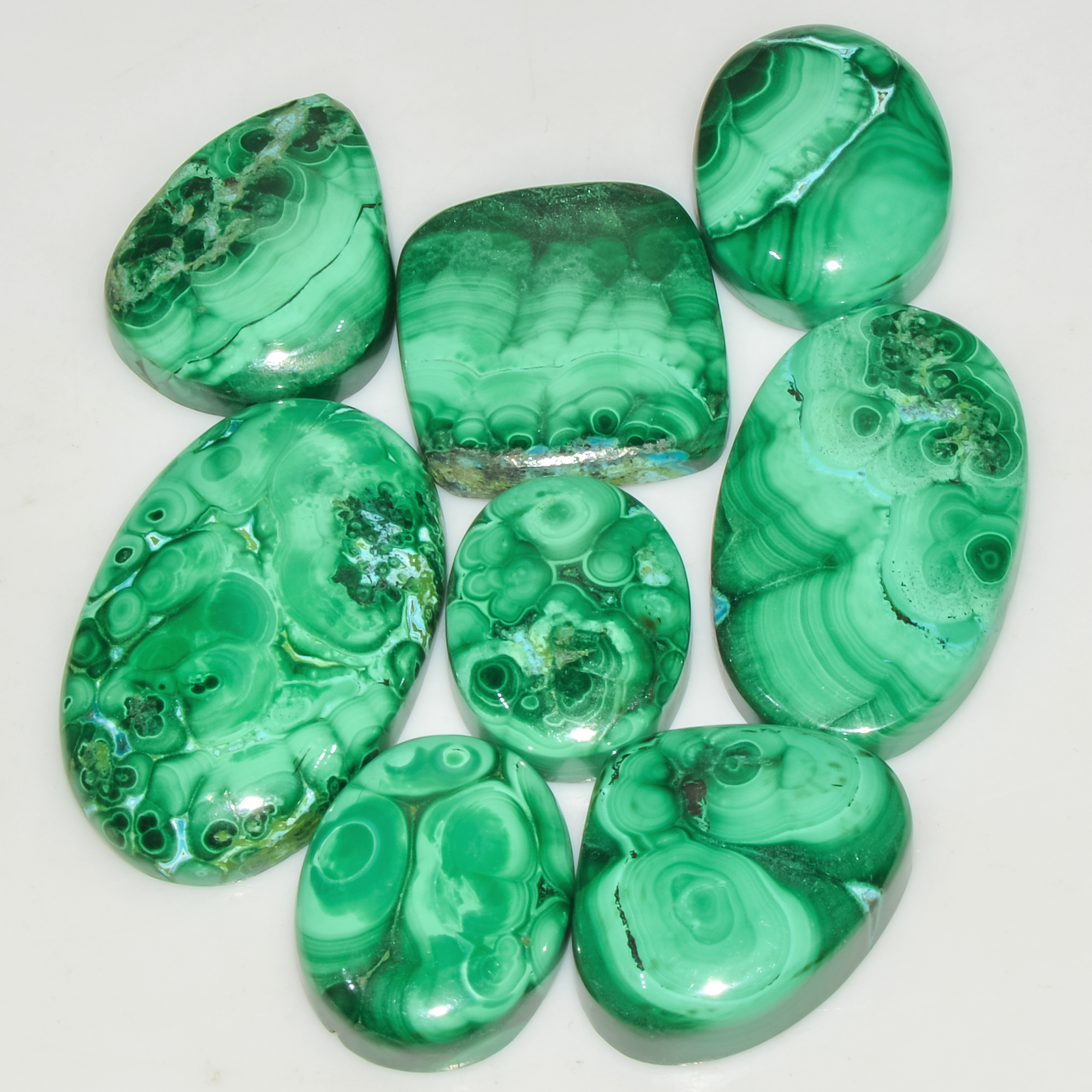 8Pcs 199Cts Natural Malachite Loose Gemstone Cabochon Lot Silver Jewelry Supplies 30x21 16x13mm 18038