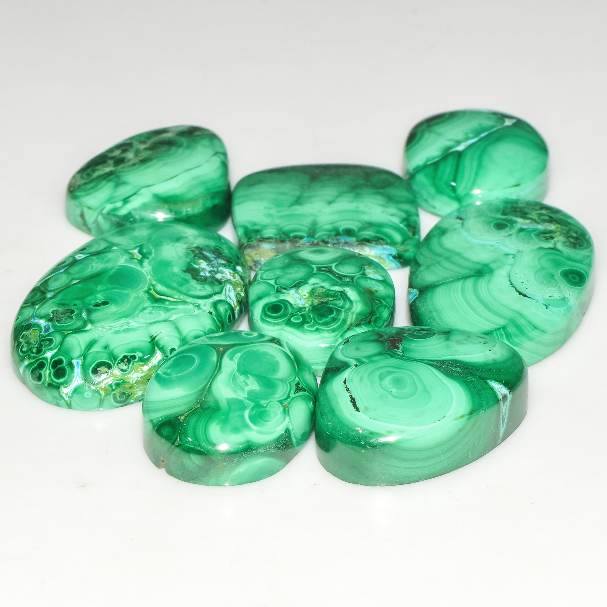8Pcs 199Cts Natural Malachite Loose Gemstone Cabochon Lot Silver Jewelry Supplies 30x21 16x13mm 18038