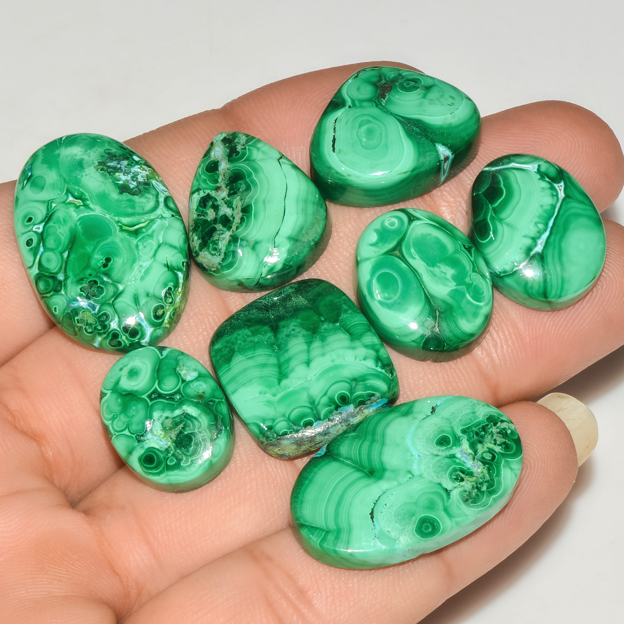 8Pcs 199Cts Natural Malachite Loose Gemstone Cabochon Lot Silver Jewelry Supplies 30x21 16x13mm 18038