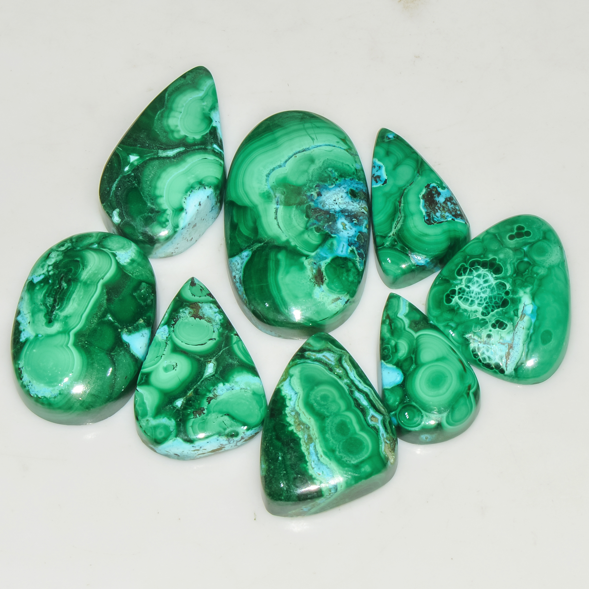 8Pcs 204Cts Natural Malachite Loose Gemstone Cabochon Lot Silver Jewelry Supplies 30x17 20x10mm 18039