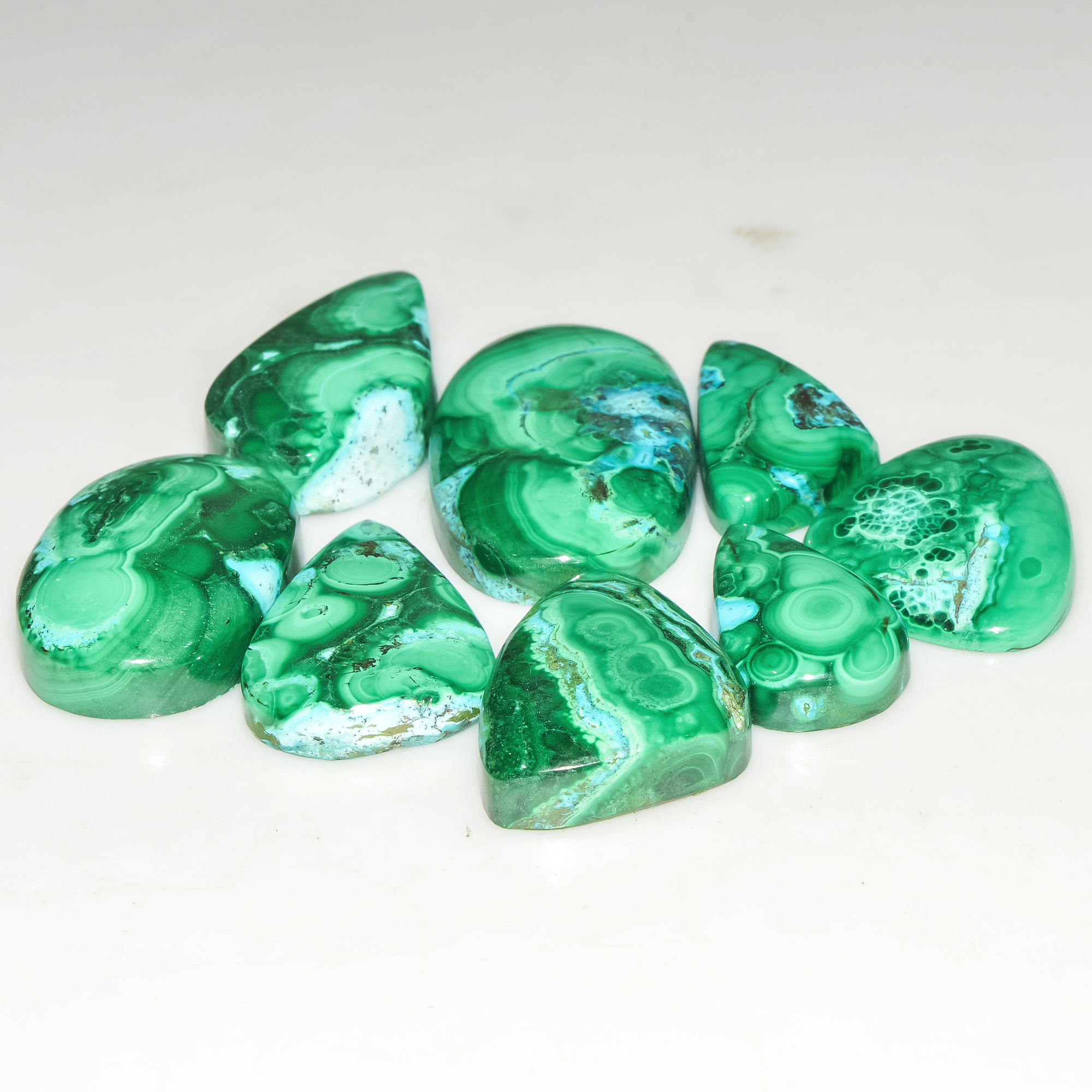 8Pcs 204Cts Natural Malachite Loose Gemstone Cabochon Lot Silver Jewelry Supplies 30x17 20x10mm 18039