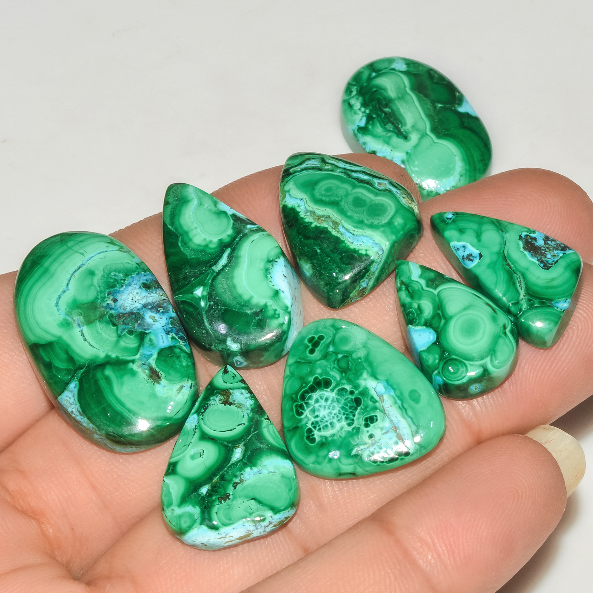 8Pcs 204Cts Natural Malachite Loose Gemstone Cabochon Lot Silver Jewelry Supplies 30x17 20x10mm 18039