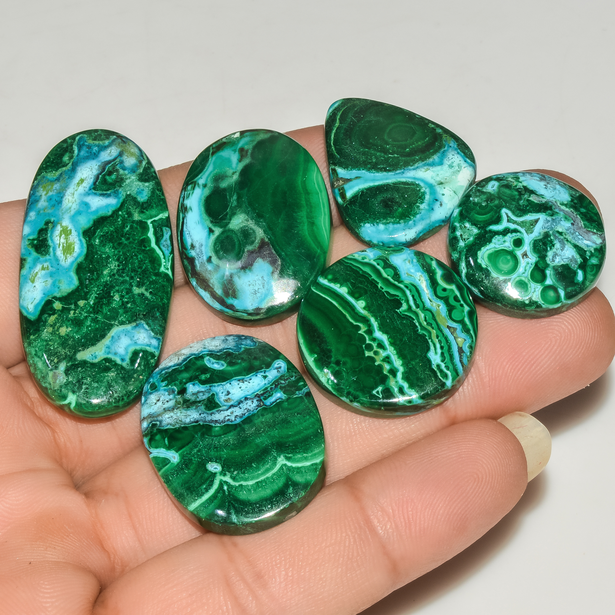 6Pcs 238Cts Natural Malachite Loose Gemstone Cabochon Lot Silver Jewelry Supplies 40x20 20x20mm 18044