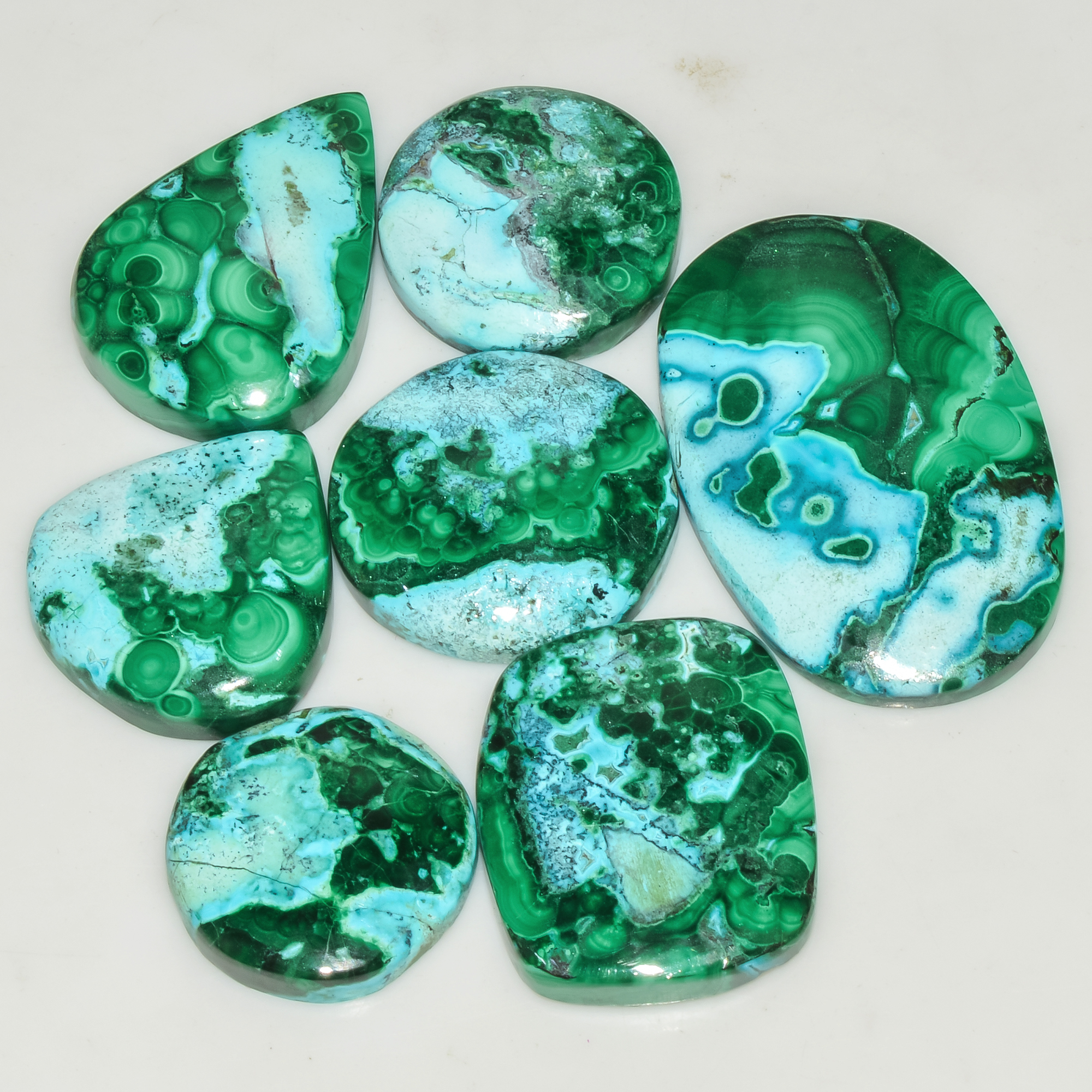 7Pcs 243Cts Natural Malachite Loose Gemstone Cabochon Lot Silver Jewelry Supplies 39x25 20x20mm 18045