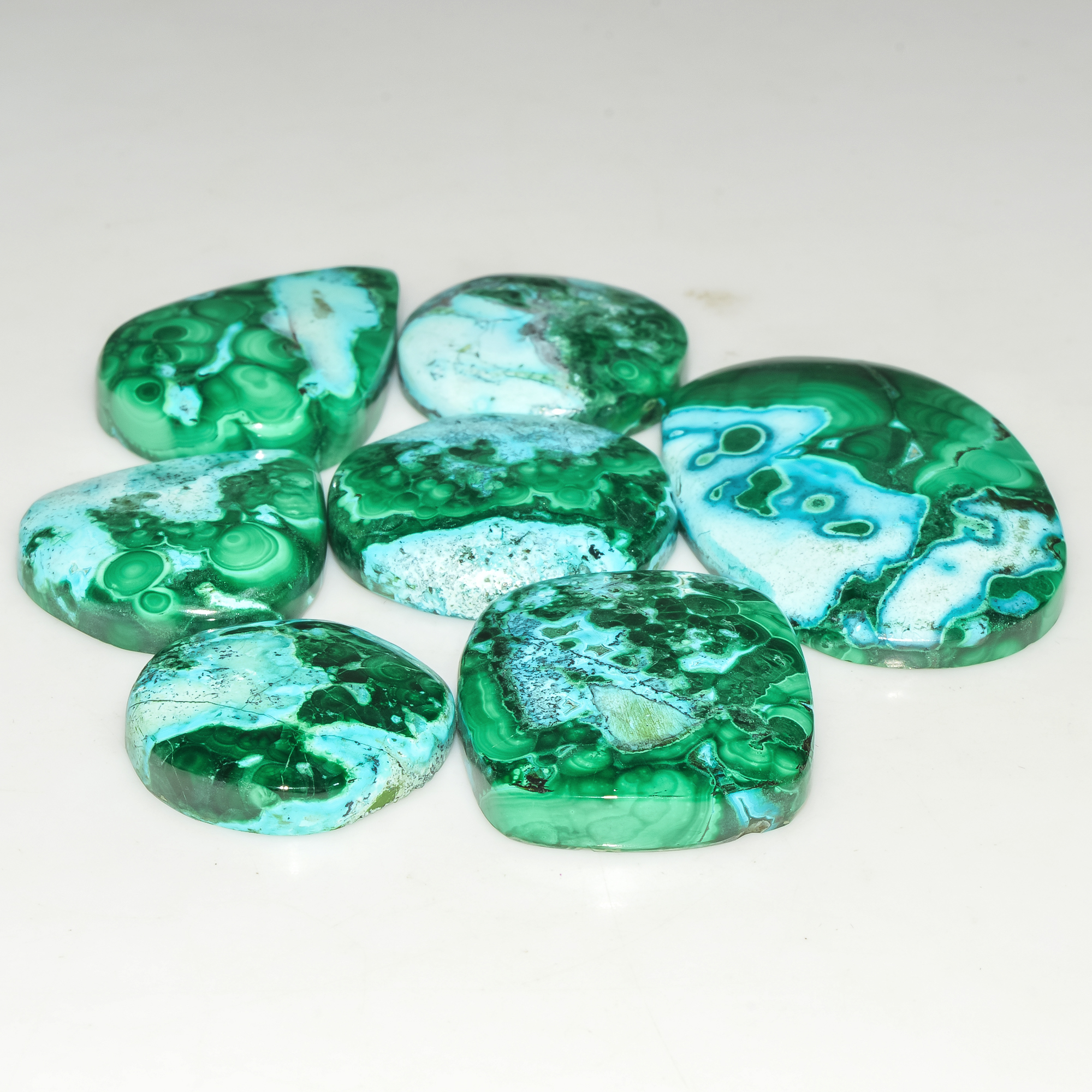 7Pcs 243Cts Natural Malachite Loose Gemstone Cabochon Lot Silver Jewelry Supplies 39x25 20x20mm 18045