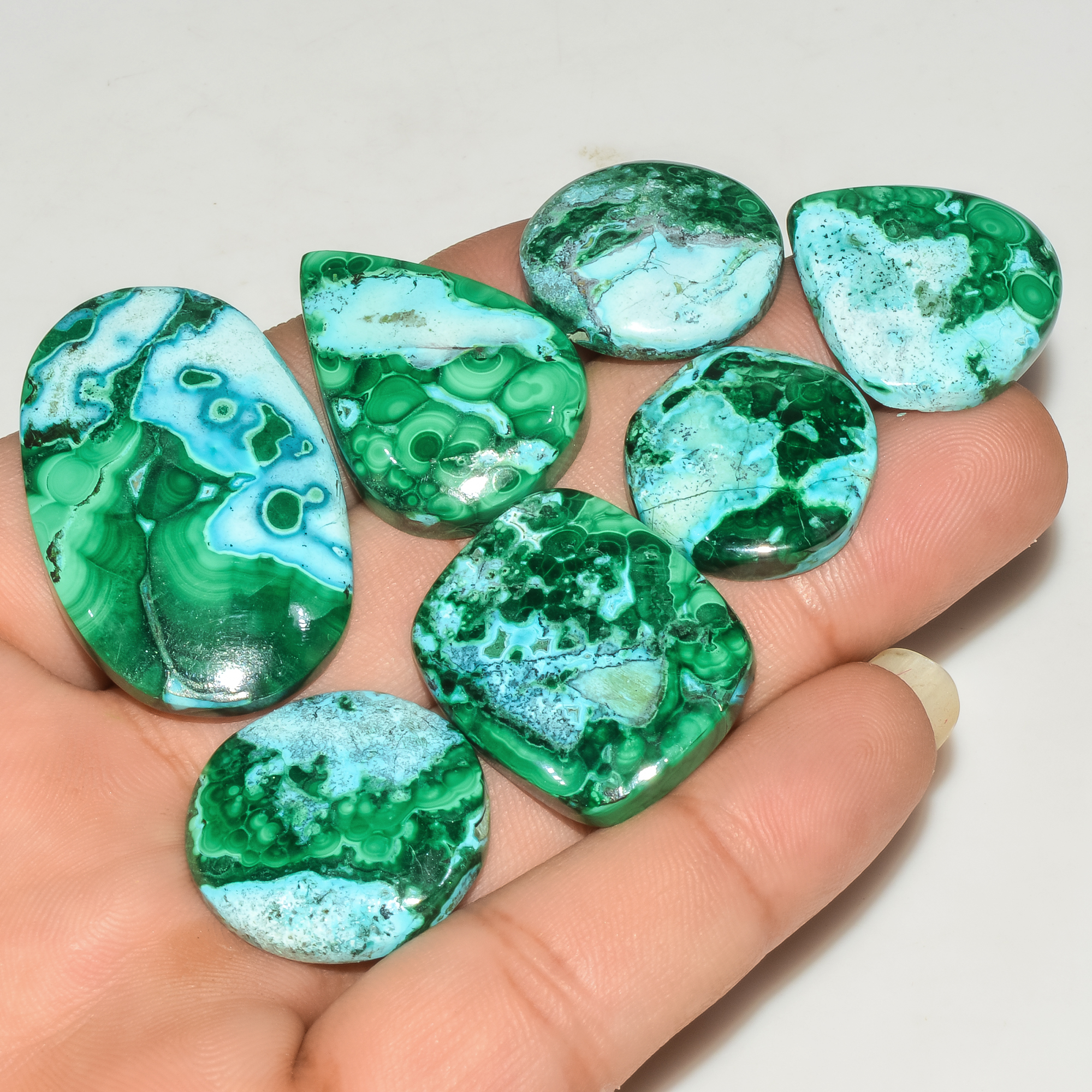 7Pcs 243Cts Natural Malachite Loose Gemstone Cabochon Lot Silver Jewelry Supplies 39x25 20x20mm 18045