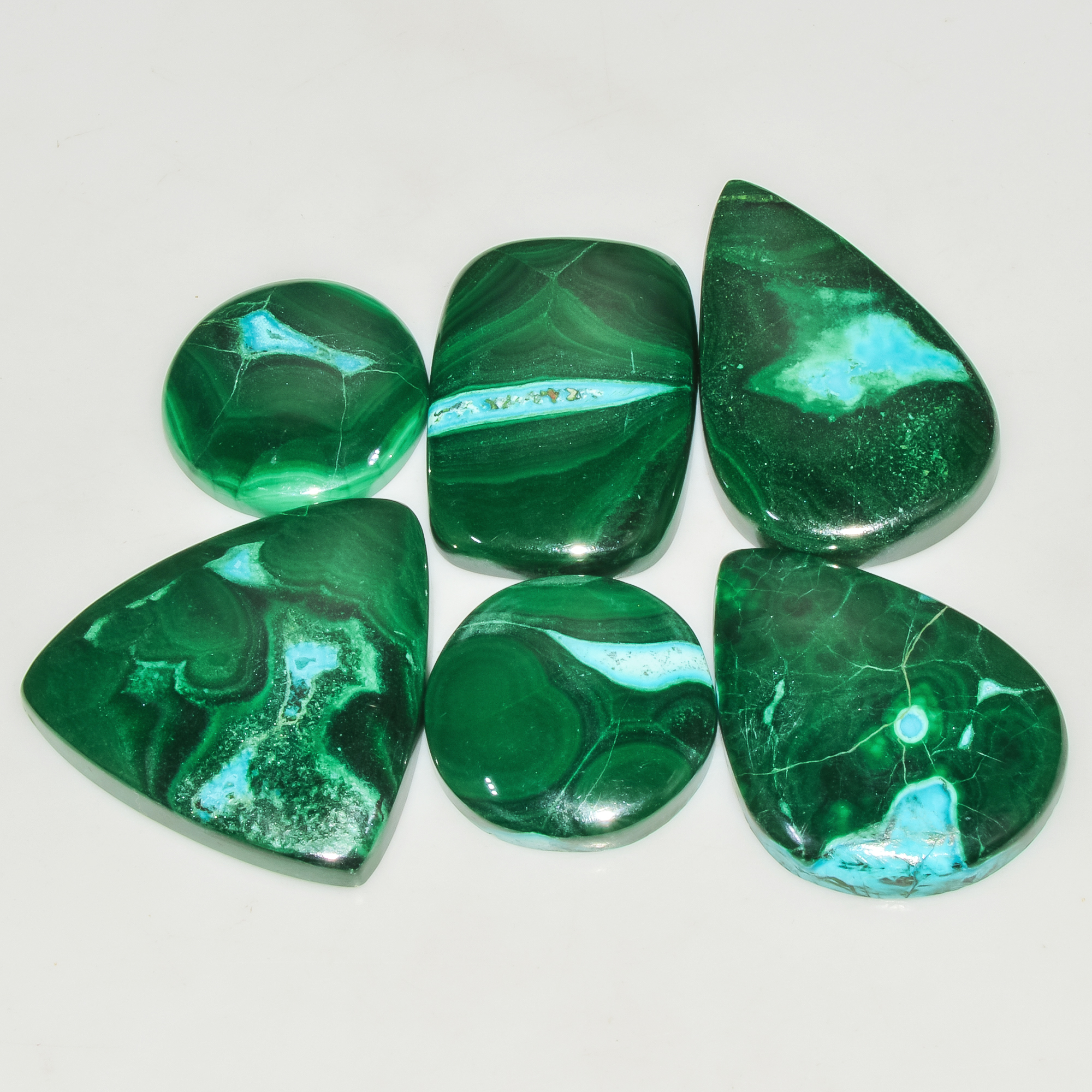 6Pcs 246Cts Natural Green Malachite Cabochon Lot Gemstone Healing Crystals Mix Shapes and Sizes 34x20 19x19mm 18047