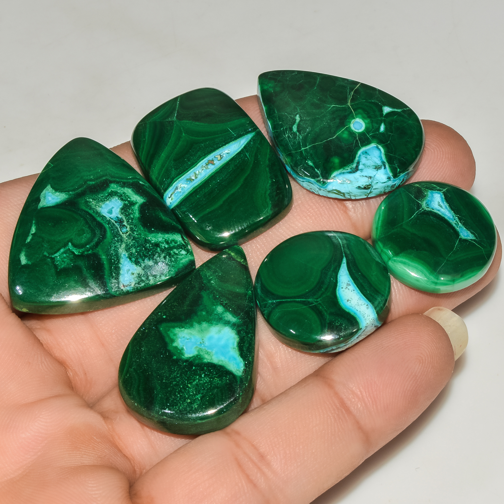 6Pcs 246Cts Natural Green Malachite Cabochon Lot Gemstone Healing Crystals Mix Shapes and Sizes 34x20 19x19mm 18047