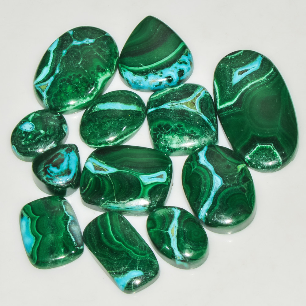 Image of 12Pcs 246Cts Natural Green Malachite Cabochon Lot Gemstone Healing Crystals Mix Shapes and Sizes 35x16 13x10mm #18048