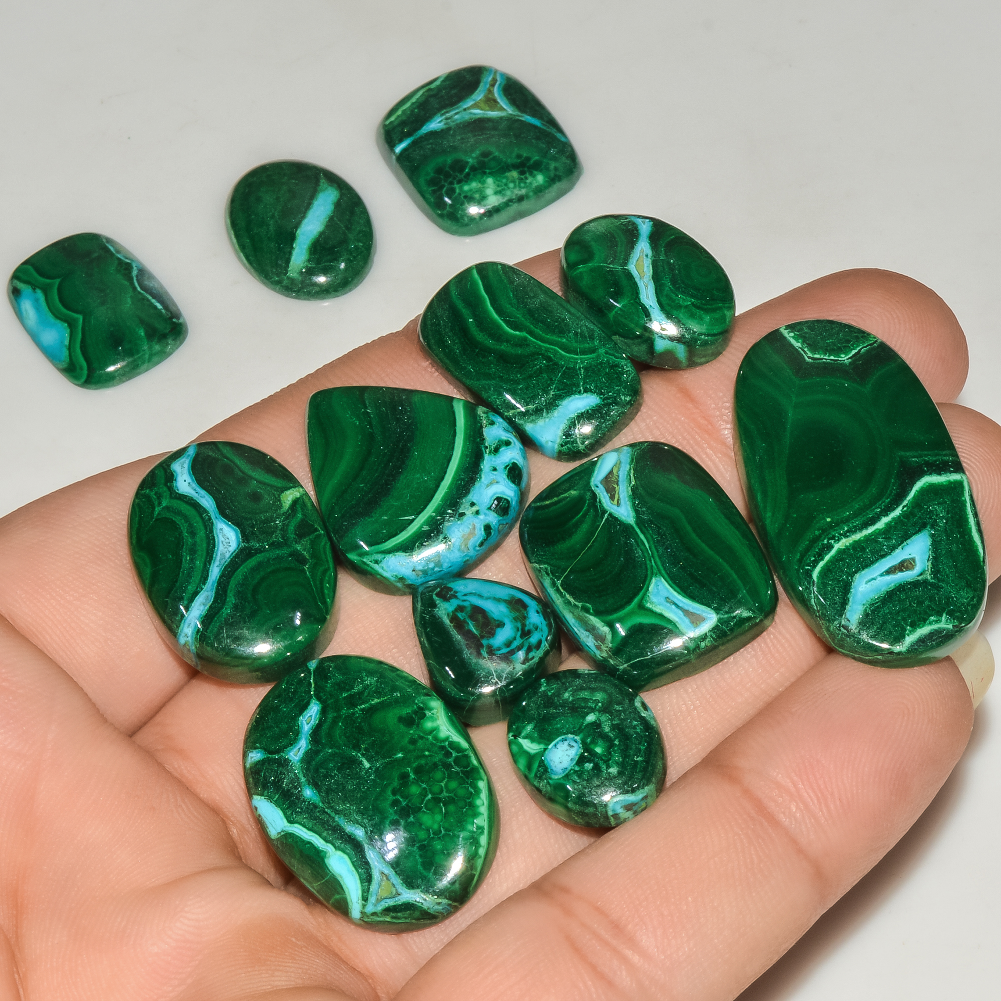 12Pcs 246Cts Natural Green Malachite Cabochon Lot Gemstone Healing Crystals Mix Shapes and Sizes 35x16 13x10mm 18048