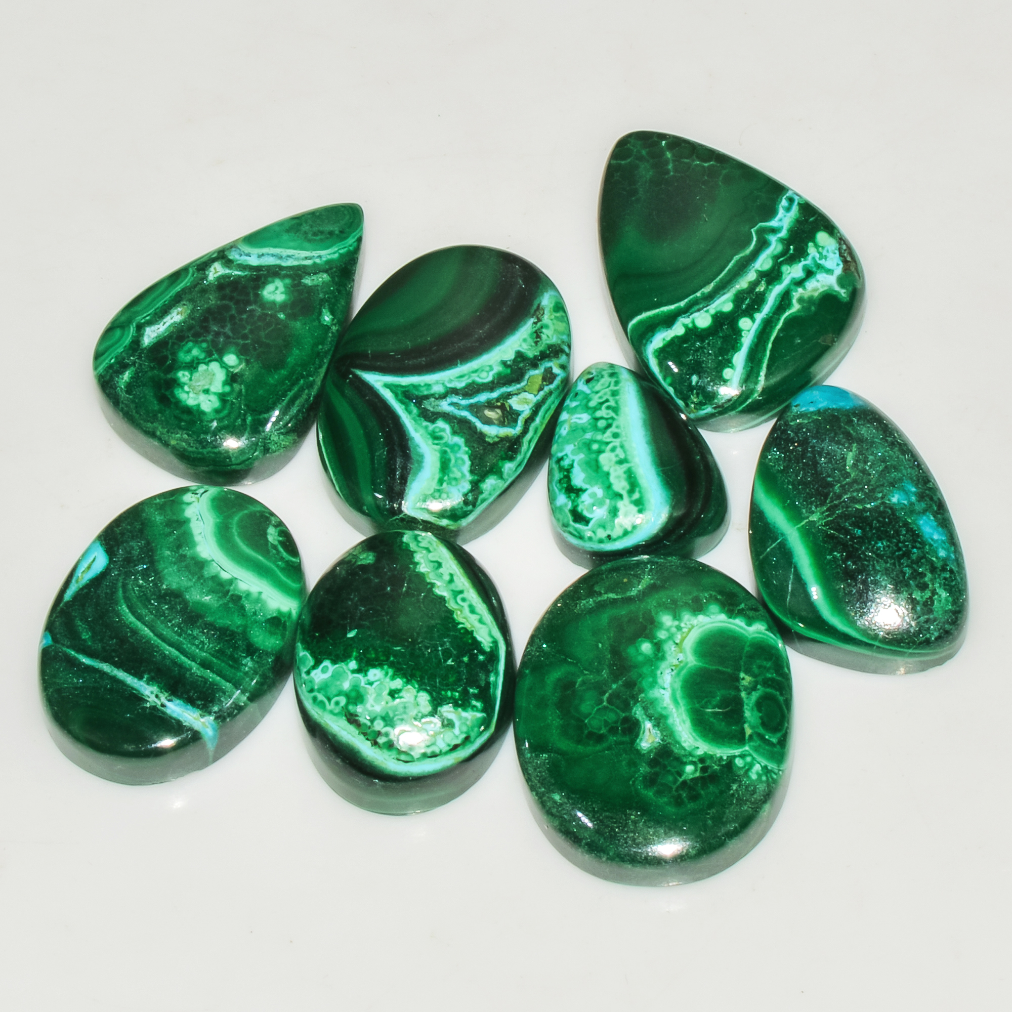 8Pcs 201Cts Natural Green Malachite Cabochon Lot Gemstone Healing Crystals Mix Shapes and Sizes 24x15 15x10mm 18050