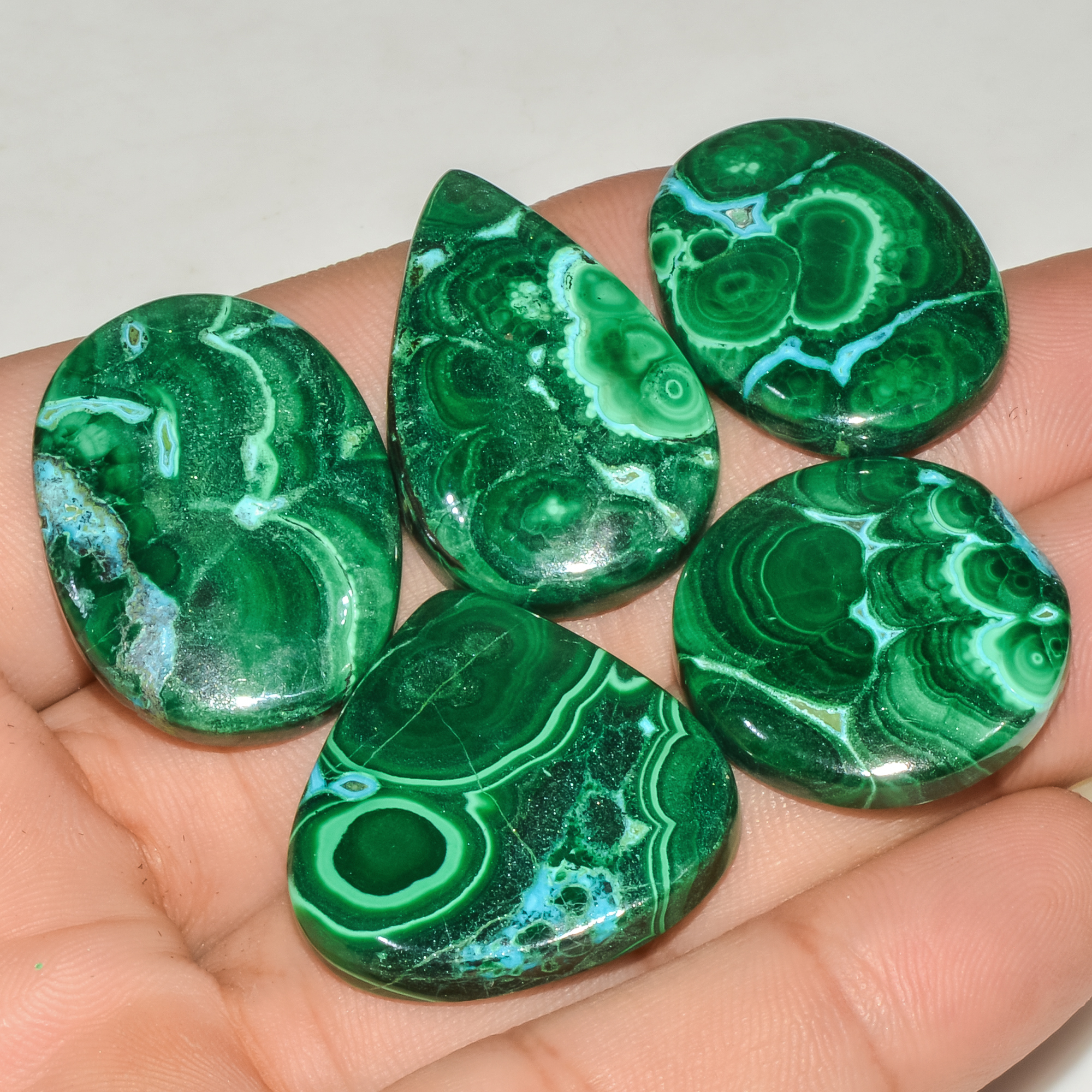 5Pcs 206Cts Natural Green Malachite Cabochon Lot Gemstone Healing Crystals Mix Shapes and Sizes 30x20 24x24mm 18051