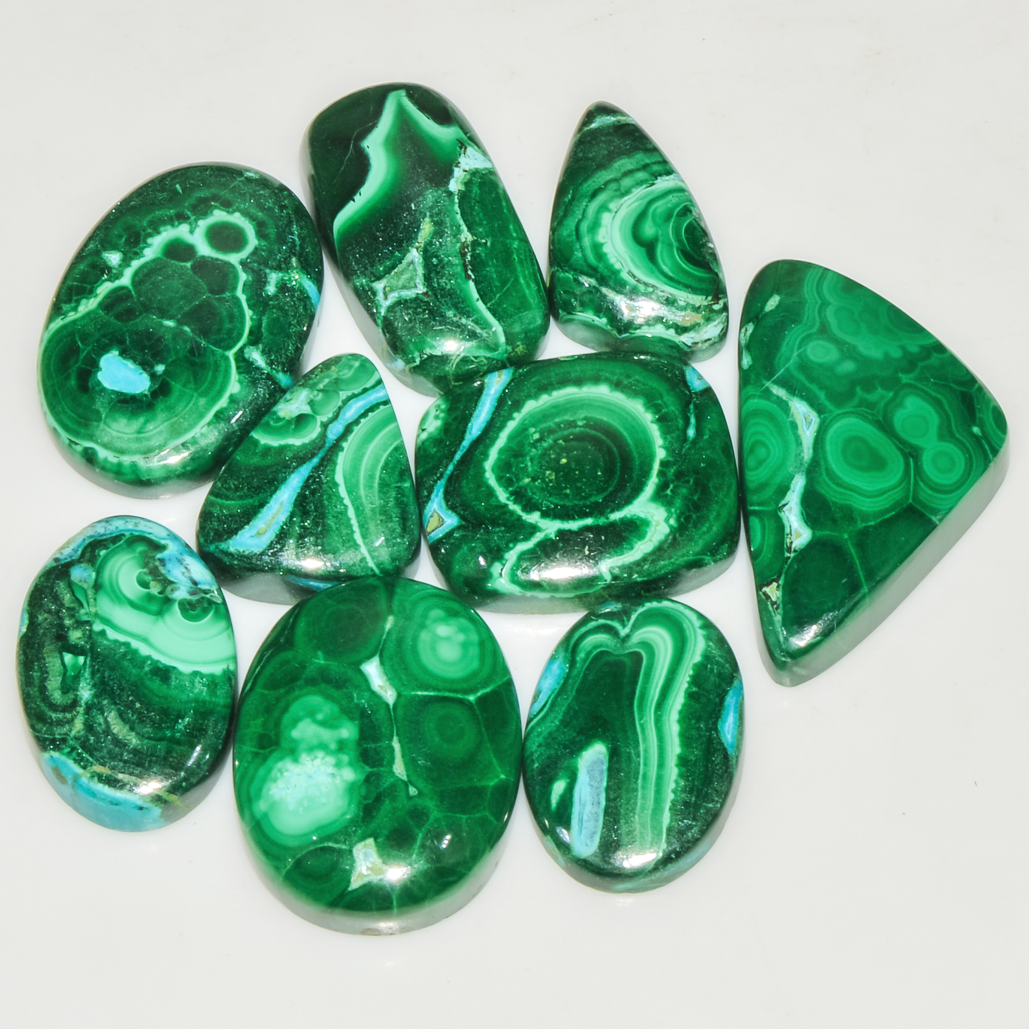 9Pcs 201Cts Natural Green Malachite Cabochon Lot Gemstone Healing Crystals Mix Shapes and Sizes 29x15 15x11mm 18052