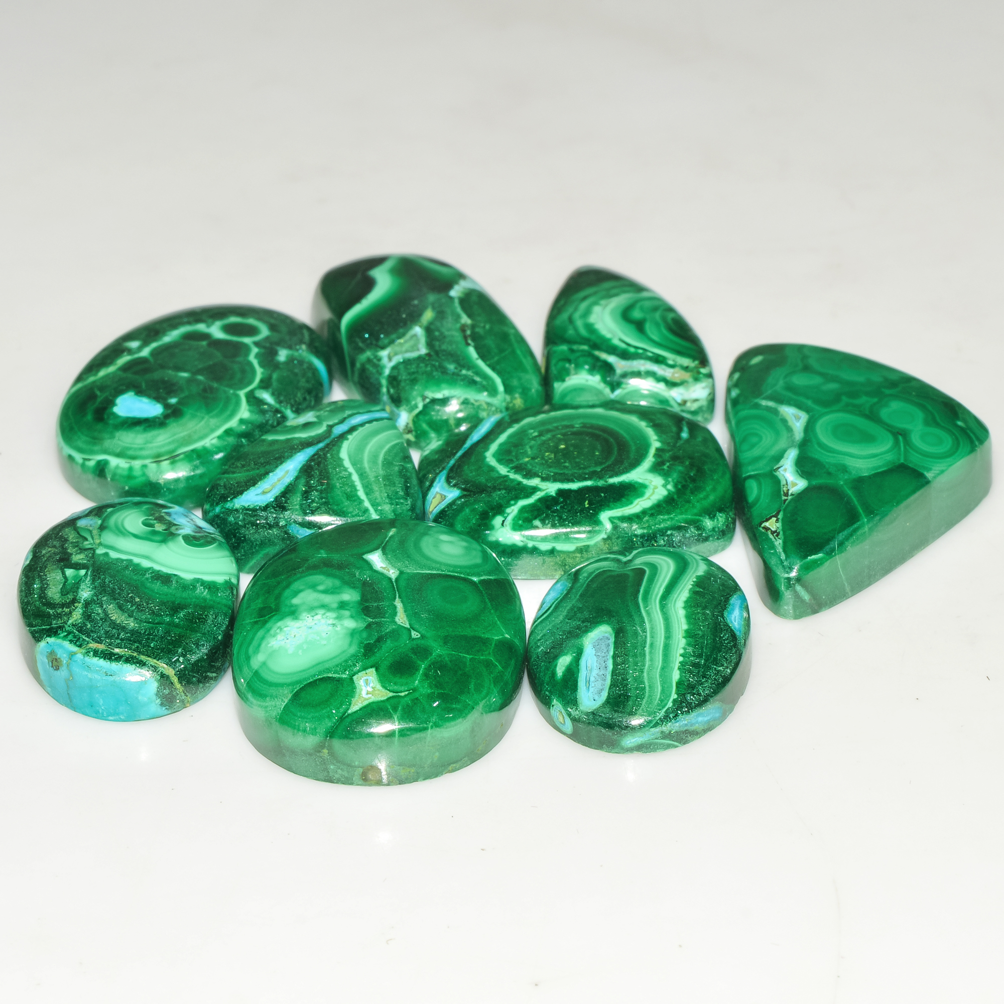 9Pcs 201Cts Natural Green Malachite Cabochon Lot Gemstone Healing Crystals Mix Shapes and Sizes 29x15 15x11mm 18052