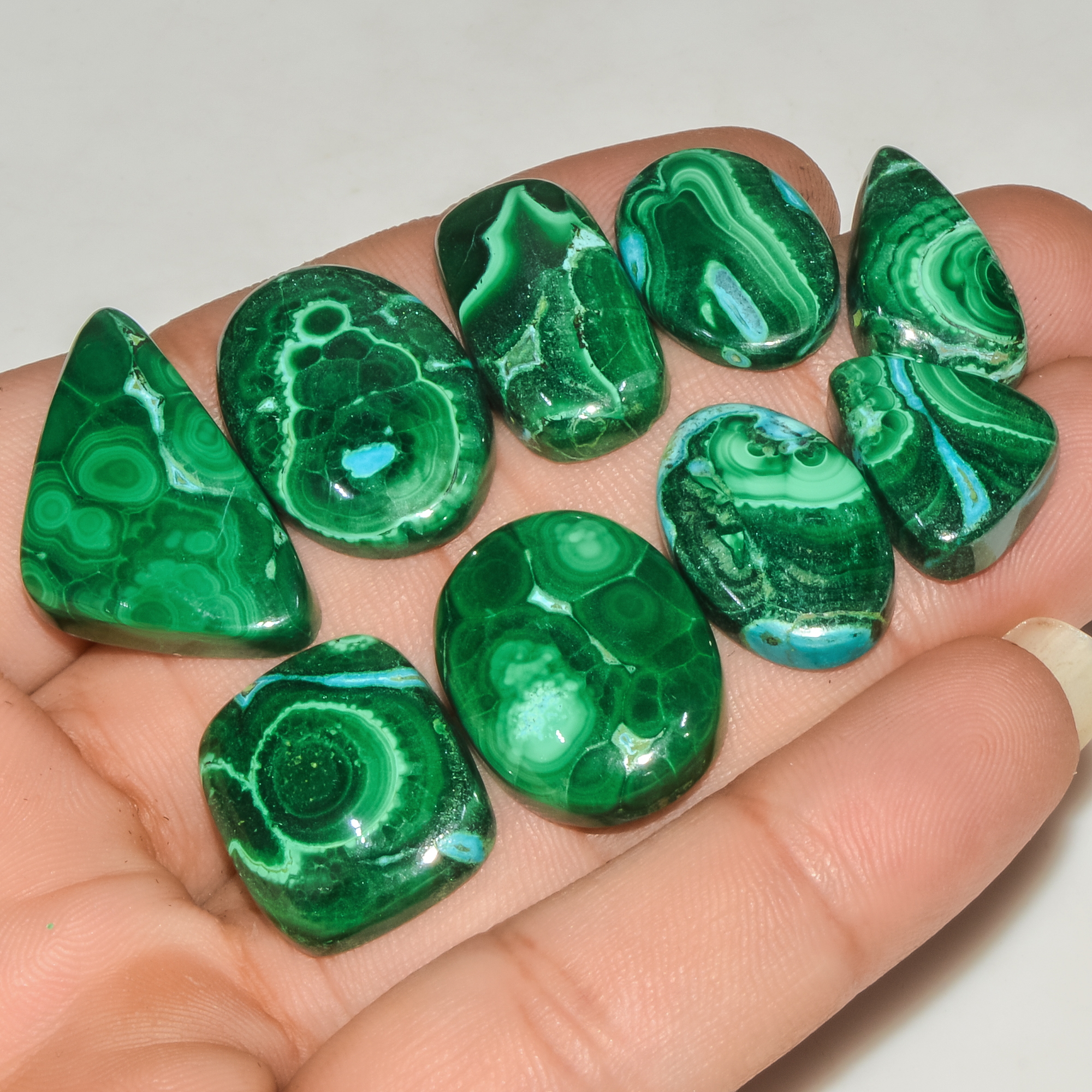 9Pcs 201Cts Natural Green Malachite Cabochon Lot Gemstone Healing Crystals Mix Shapes and Sizes 29x15 15x11mm 18052