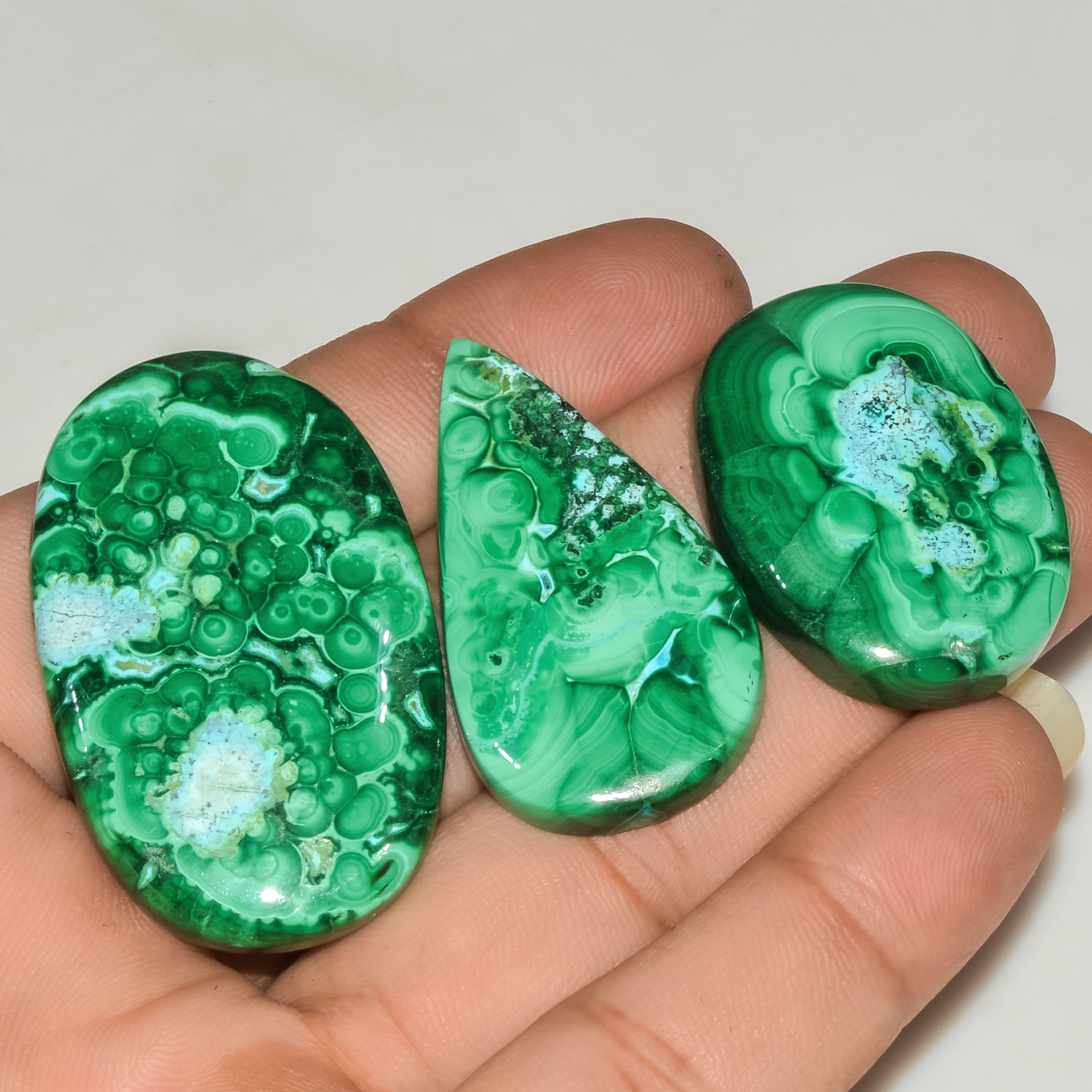 3Pcs 240Cts Natural Green Malachite Cabochon Lot Gemstone Healing Crystals Mix Shapes and Sizes 45x26 34x24mm 18053