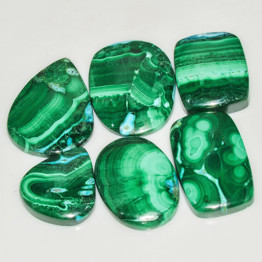 Image of 6Pcs 245Cts Natural Green Malachite Cabochon Lot Gemstone Healing Crystals Mix Shapes and Sizes 30x24 21x20mm #18054