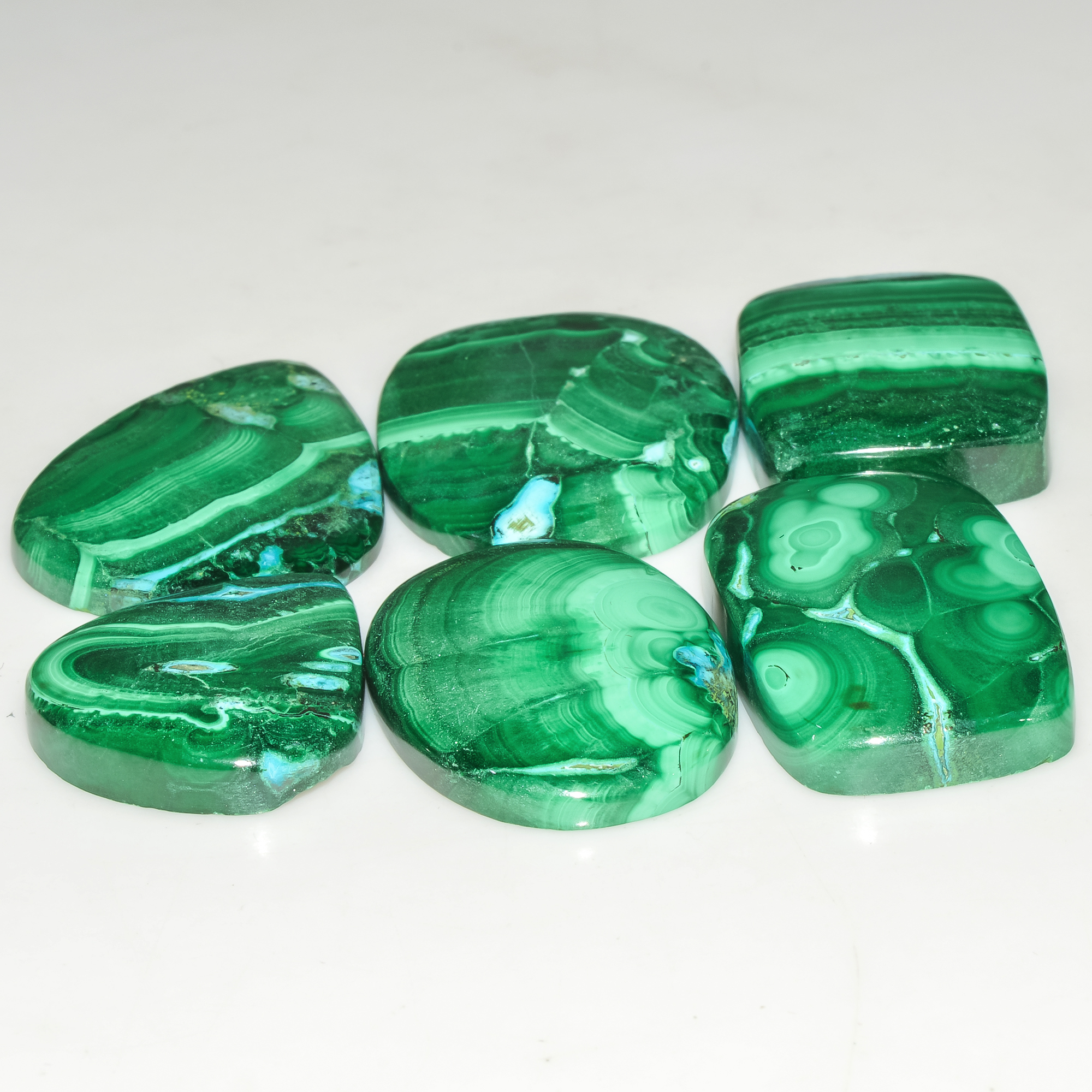 6Pcs 245Cts Natural Green Malachite Cabochon Lot Gemstone Healing Crystals Mix Shapes and Sizes 30x24 21x20mm 18054