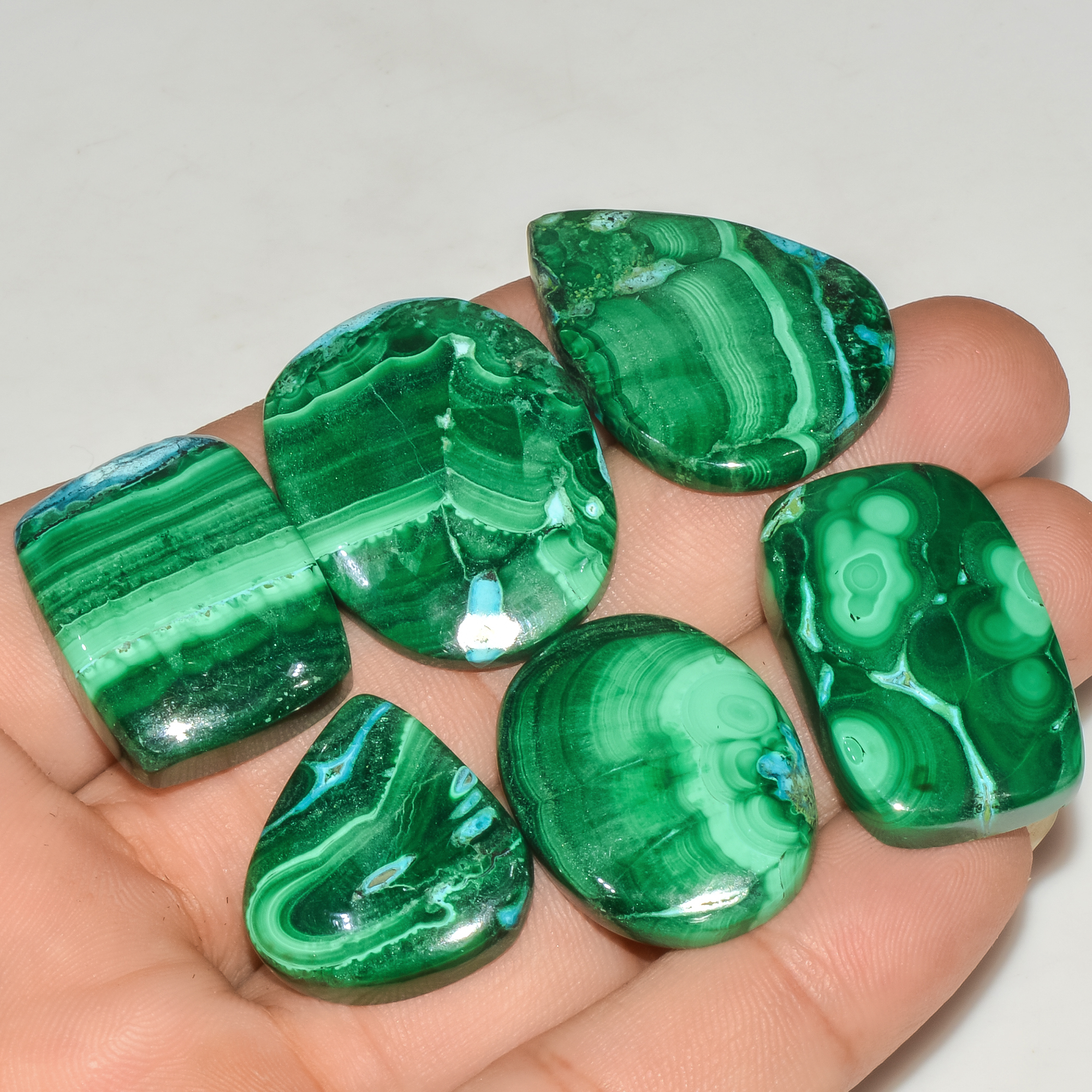 6Pcs 245Cts Natural Green Malachite Cabochon Lot Gemstone Healing Crystals Mix Shapes and Sizes 30x24 21x20mm 18054