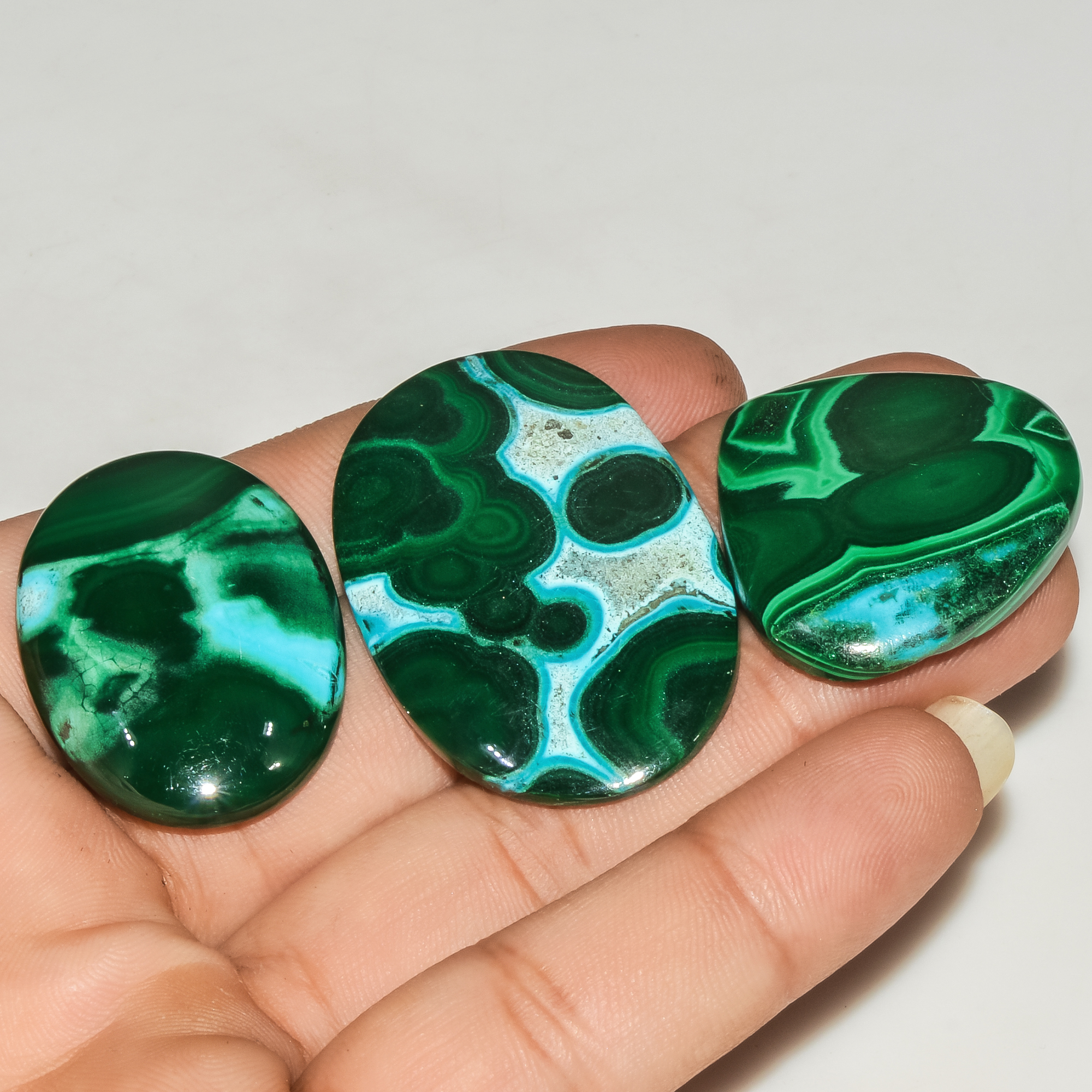 3Pcs 180Cts Natural Green Malachite Cabochon Lot Gemstone Healing Crystals Mix Shapes and Sizes 45x29 30x30mm 18056