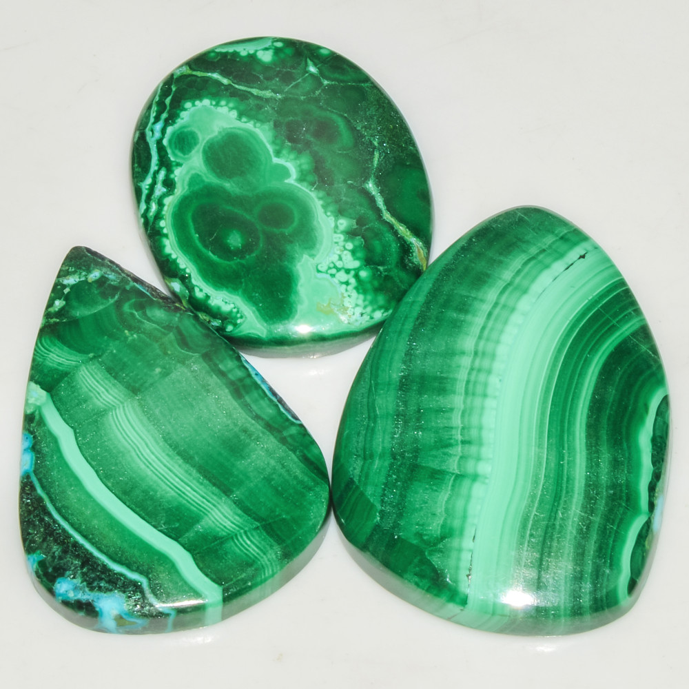 Image of 3Pcs 198Cts Natural Green Malachite Cabochon Lot Gemstone Healing Crystals Mix Shapes and Sizes 40x26 30x25mm #18059