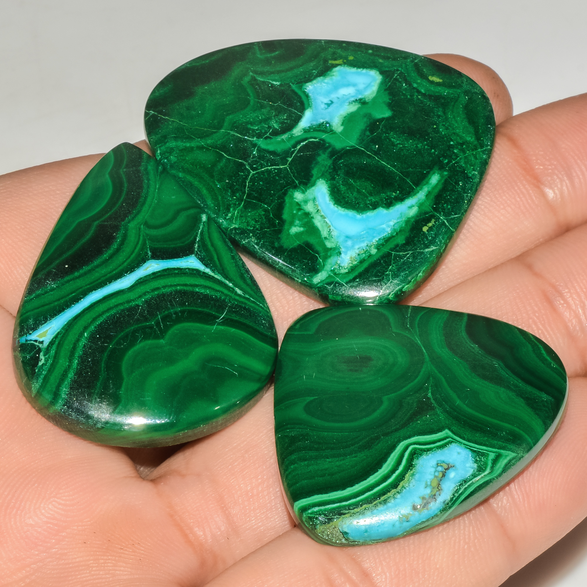 3 Pcs 229 Cts Malachite Gemstone Lot Natural Crystal For Healing and Reiki 41x35 35x33mm 18094