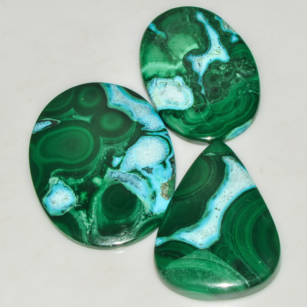 Image of 3 Pcs 239 Cts Green Malachite AAA Quality Natural Gemstone Cabochon Lot For Pendants 45x35 40x25mm #18109