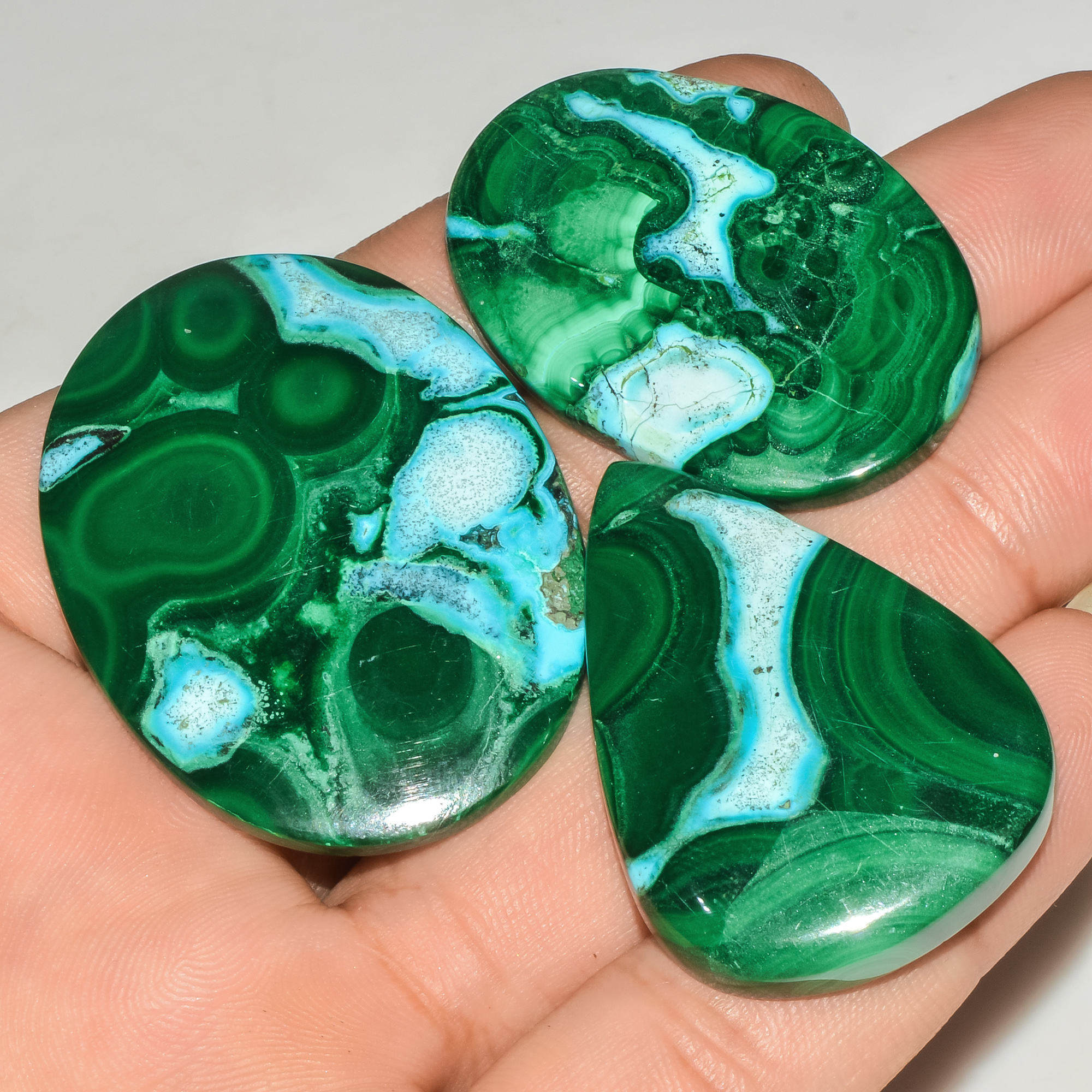 3 Pcs 239 Cts Green Malachite AAA Quality Natural Gemstone Cabochon Lot For Pendants 45x35 40x25mm 18109