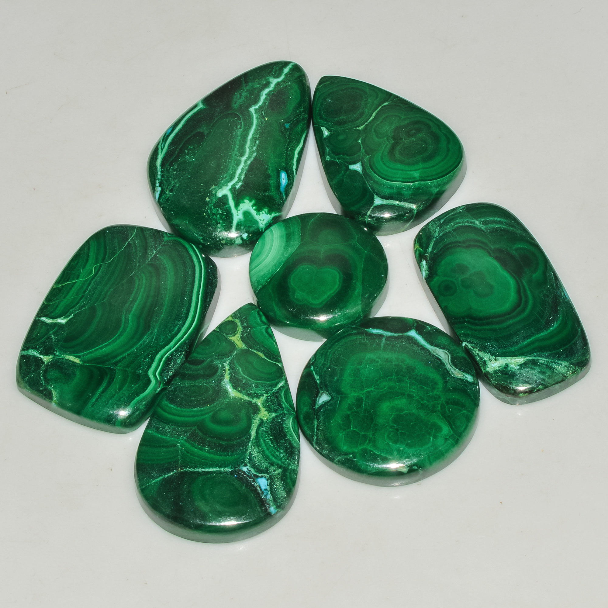 7 Pcs 357 Cts Green Malachite AAA Quality Natural Gemstone Cabochon Lot For Pendants 36x21 20x20mm 18110