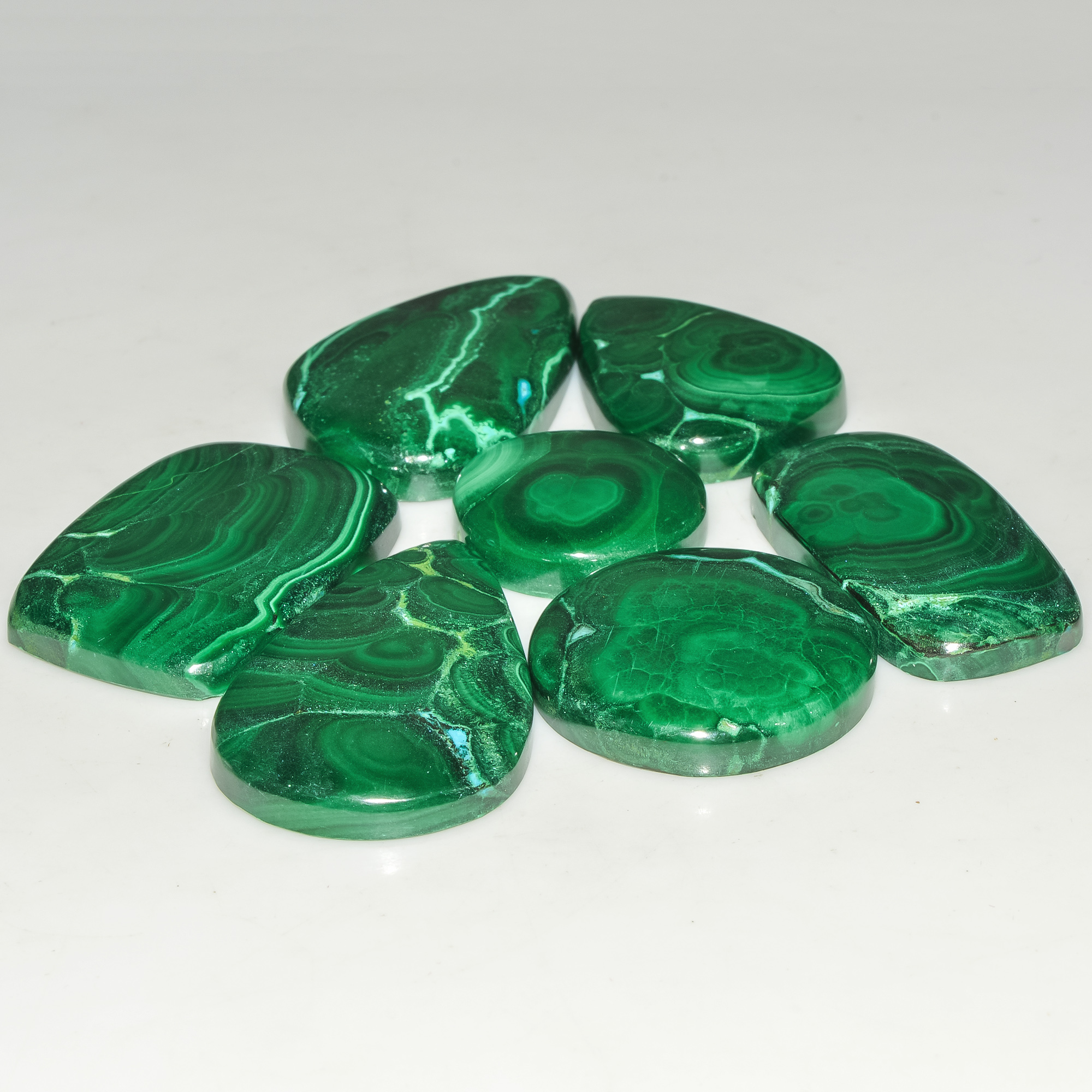 7 Pcs 357 Cts Green Malachite AAA Quality Natural Gemstone Cabochon Lot For Pendants 36x21 20x20mm 18110