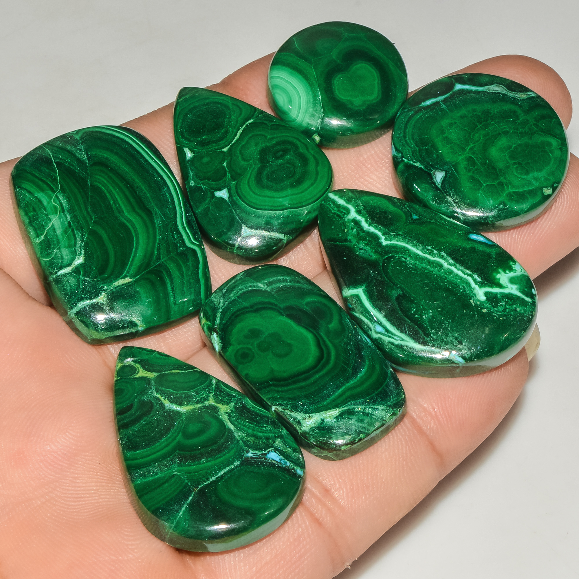 7 Pcs 357 Cts Green Malachite AAA Quality Natural Gemstone Cabochon Lot For Pendants 36x21 20x20mm 18110