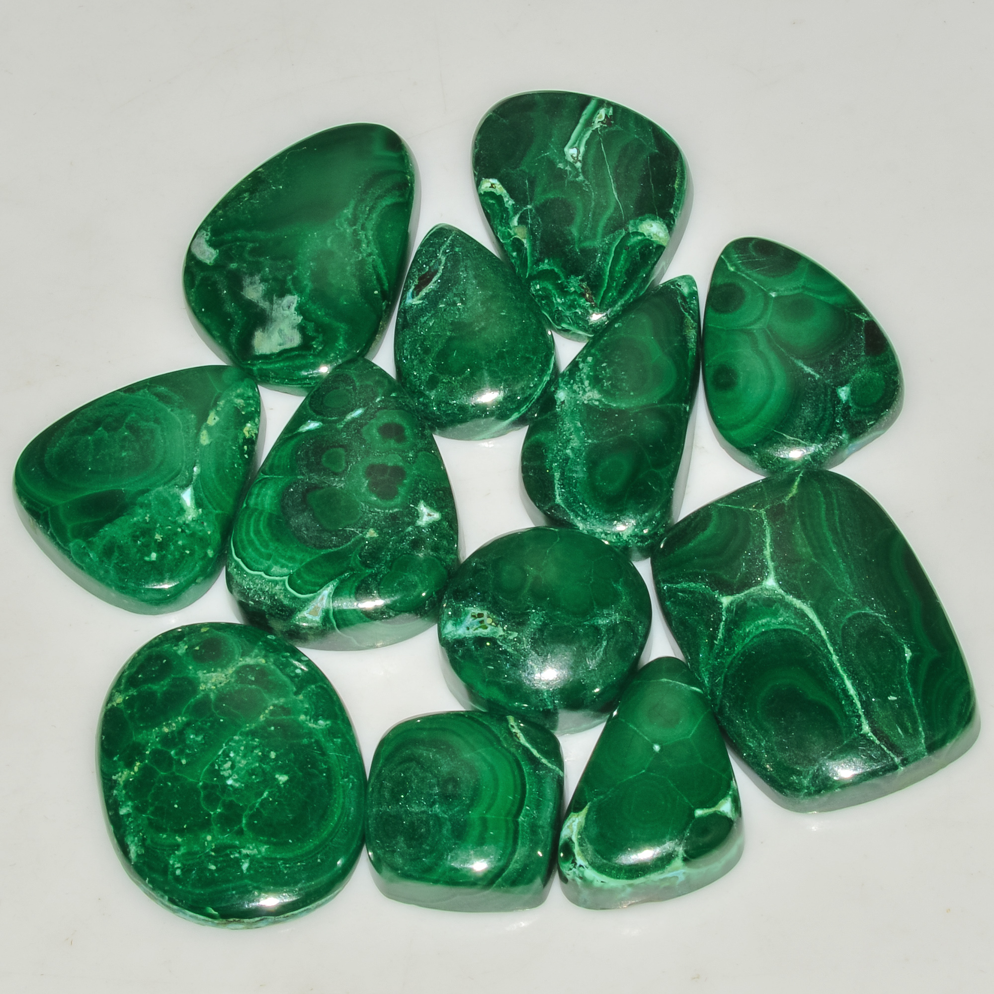12 Pcs 233 Cts Green Malachite AAA Quality Natural Gemstone Cabochon Lot For Pendants 25x16 14x14mm 18114
