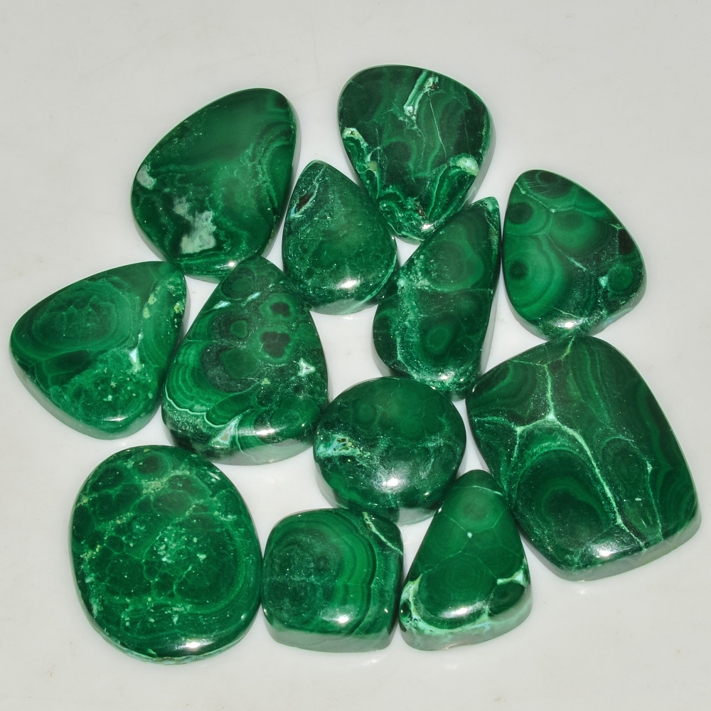 Image of 12 Pcs 233 Cts Green Malachite AAA Quality Natural Gemstone Cabochon Lot For Pendants 25x16 14x14mm #18114
