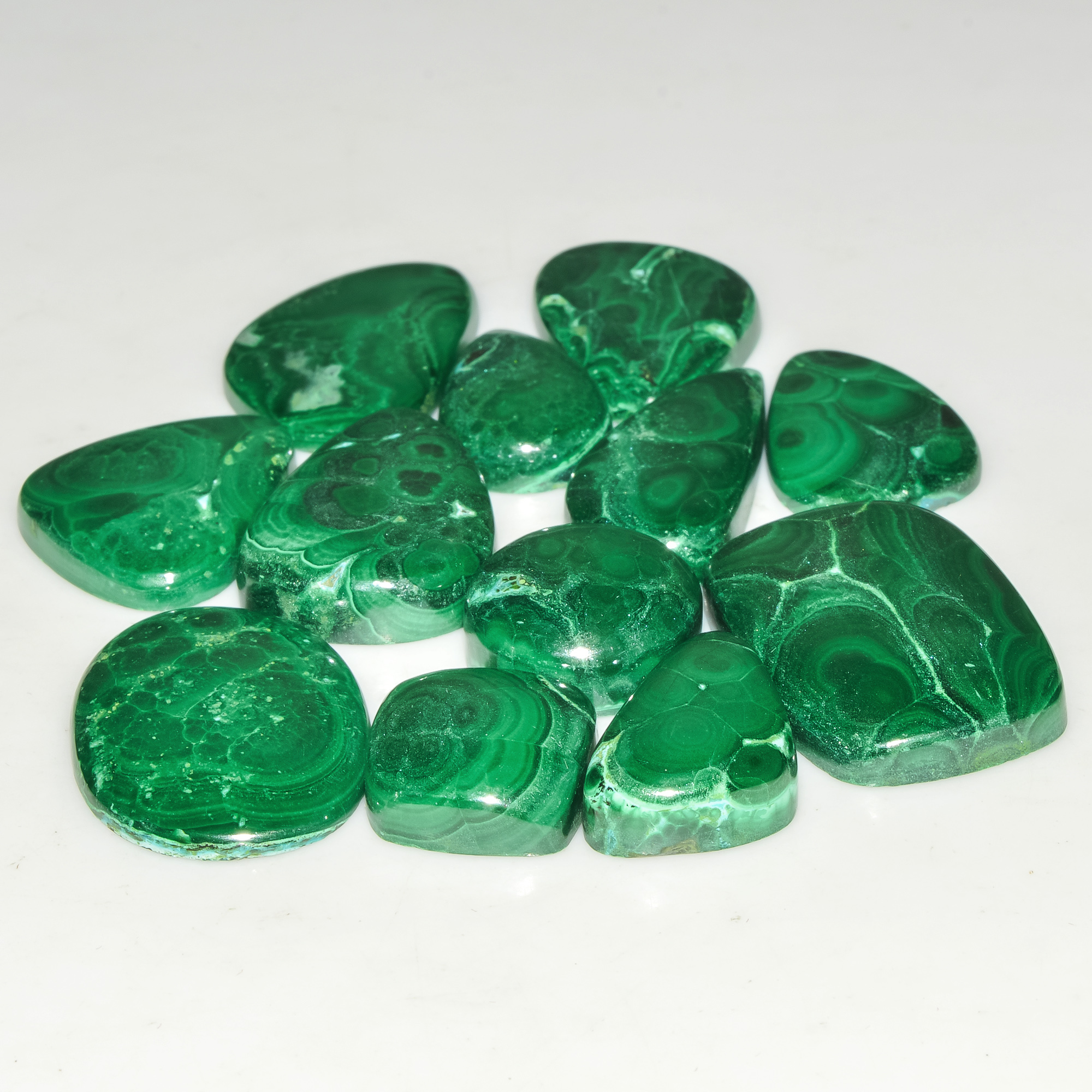 12 Pcs 233 Cts Green Malachite AAA Quality Natural Gemstone Cabochon Lot For Pendants 25x16 14x14mm 18114